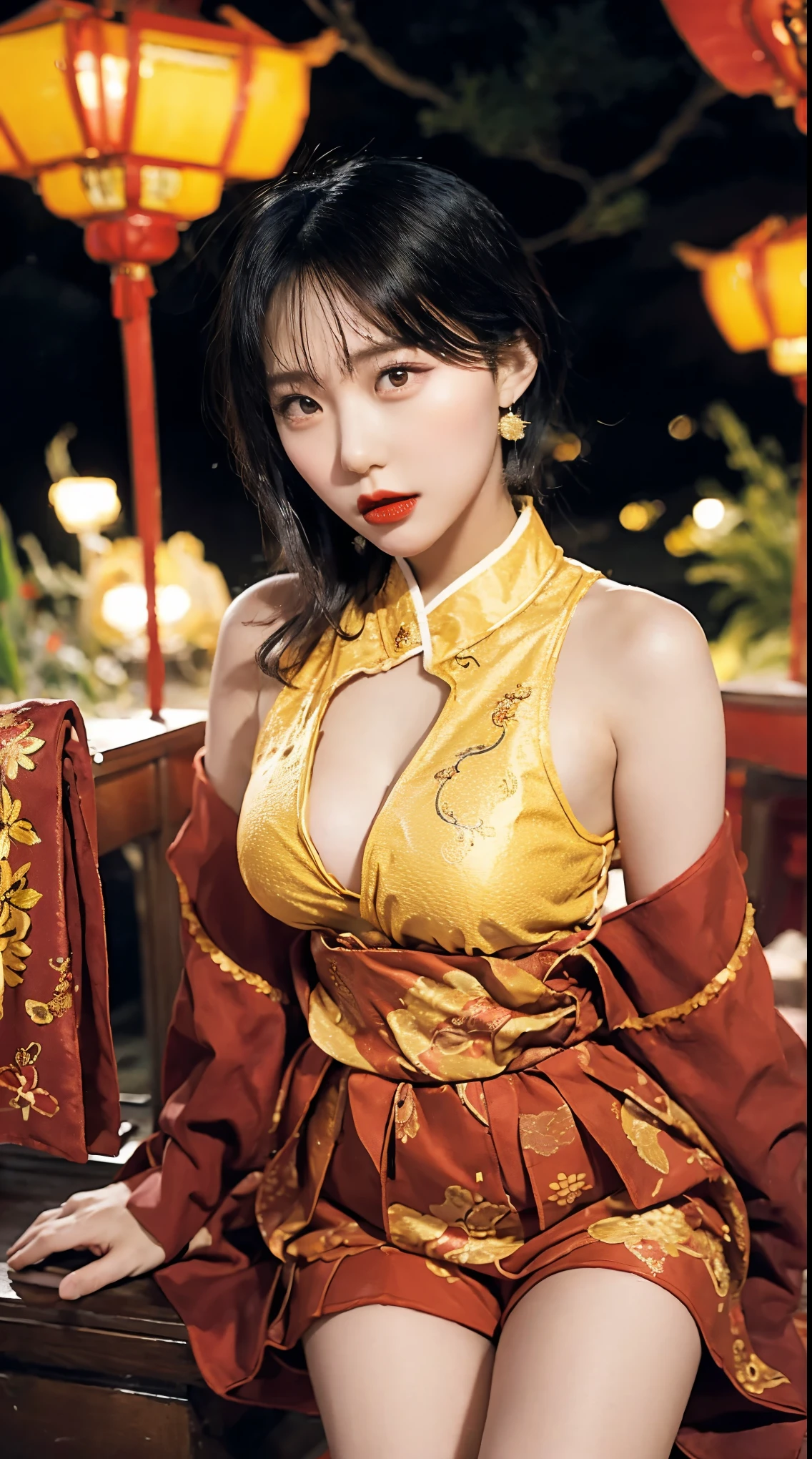Detailed faces, 4k, 8k, beautiful girls, Korean makeup, Red lips, medium body, big chest, thigh, Girl in Tet outfit, Lunar New Year, Oriental New Year, Tet accessories, Everything related to the Lunar New Year, Red and Yellow costumes, Phoenix motifs, couplet, New Year's fireworks scene,