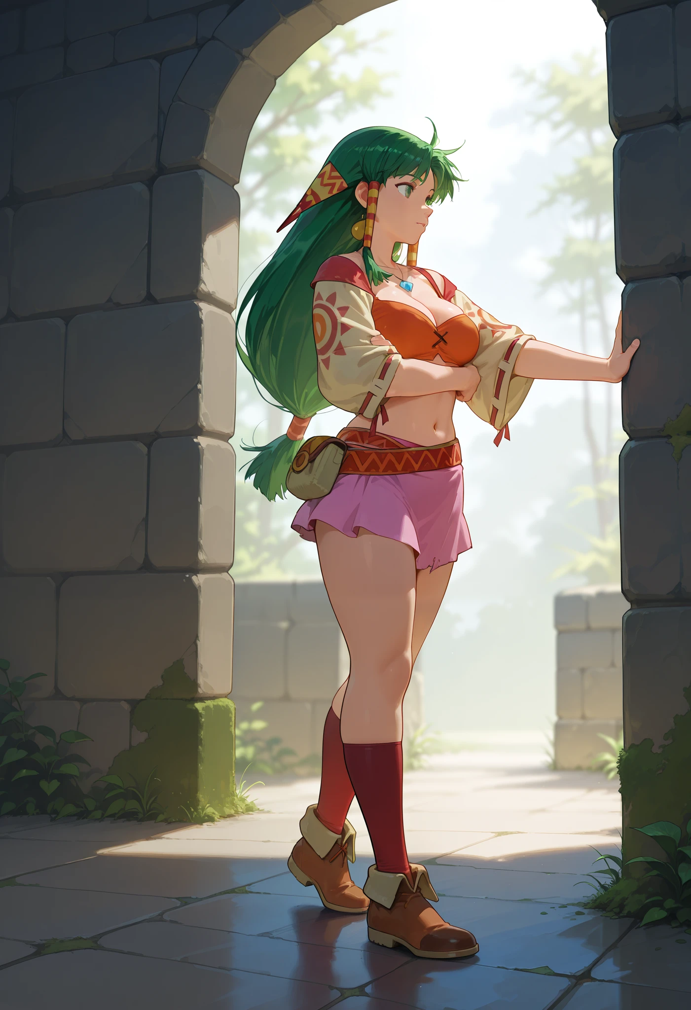 26 yo, face look alike to feena from \(Grandia\), Beautiful Mature young milf, (mature woman with lean perfection abdomen), breathless - amazed expression, large natural breasts, Curvy body, (holding a decorated shortblade with 1hand and another hand touch the ancient wall of inca ruin - exploring an ancient ruin in fantasy classic Grandia settings), walking, eyes on the wall - head tilting up, exploration scene, solo, 1girl, BREAK, She wears an orange bra top that leaves her abdomen exposed, paired with a short pink skirt held up by a thin red belt. Covering her arms is a tan-colored shawl adorned with red patterns on both sleeves. Her long green hair flows down her back, with some sections tied through two patterned hair accessories. She completes her ensemble with ripped red socks that extend past her knees and brown shoes featuring tribal patterns similar to those on her belt and shawl, official arts, (dynamic jrpg side view), fantastic fantasy vibrant background, eyes on the ancient ruin wall with moss, jrpg fantasy jungle, wide shot, (dynamic fullbody side view), cinematic angles,