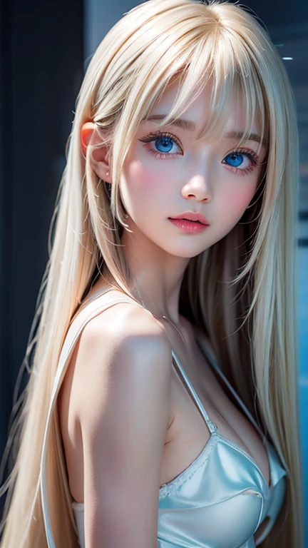 The Shining, clear, White skin、Her windblown blonde hair hides her beautiful face、A stunning 16-year-old blonde beauty、Bangs between the eyes、Cute sexy little beautiful face、Eye-catching, beautiful, super long straight hair、growing up, Large, sparkling, very bright light blue eyes、Long, silky bangs that cover cute eyes, Sexy and cute young woman with super long hair hiding her sexy face、Ultra long platinum hair、Small Face Beauty、Round face、Cheek gloss highlighter、