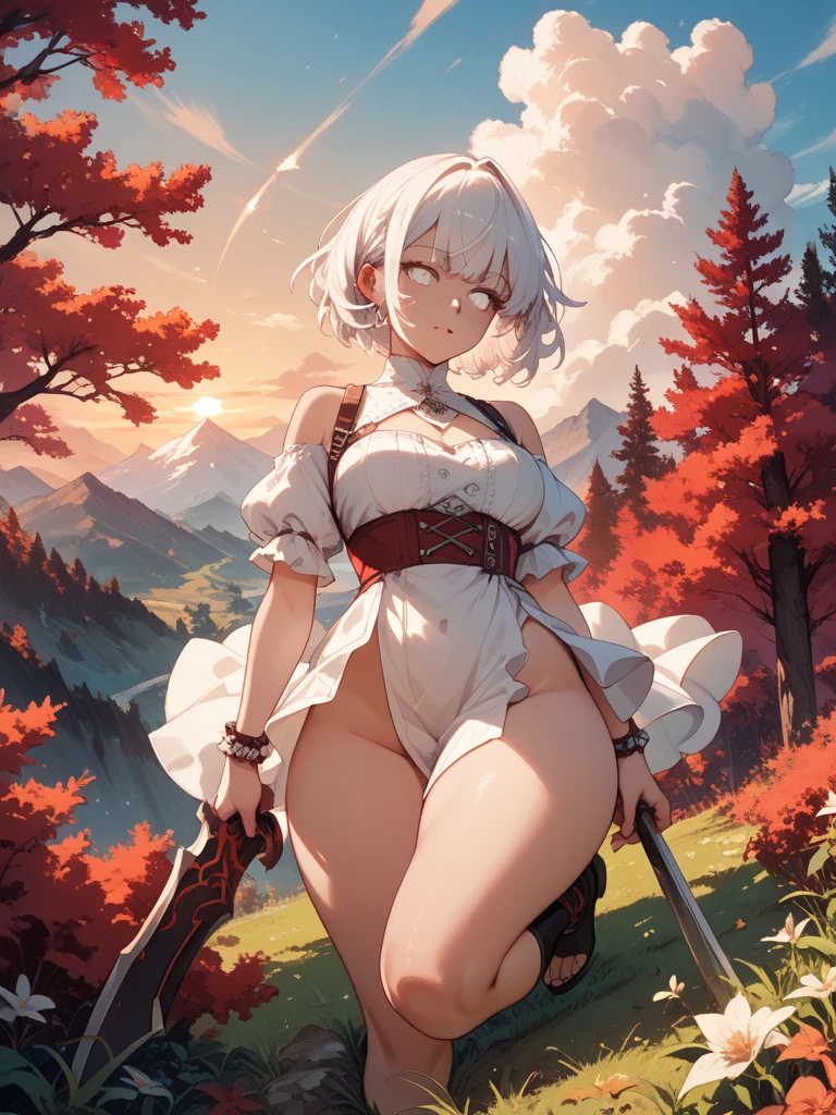 (Enrich your images,Masterpiece-level quality)Beautiful 8K CG artwork,Goddess-like posture,Kneeling exercise,Slim and soft,(Translucent skin,Platinum Brand,bob cuts,the skin is fair and juicy,,,:1.3),Outlook Part 1.2x Enhanced silhouette effect,(white short pants,Black knee-high boots,Gold thread edging,Loose and obliquely lowered belt,Open tube top with back,The details are intricate and exquisite:1.1),background slightly blurred,In flowering meadows,Temptation of attractive and voracious feet,droolng,Clothes that show body lines,blush,Open your legs wide,attract,Platinum Brand,red eyes,Wheezing,Trance,Poroli,Soft,- Rubbed violently from behind,show through,Plug-ins,Innocent smile,With a dagger in his hand,