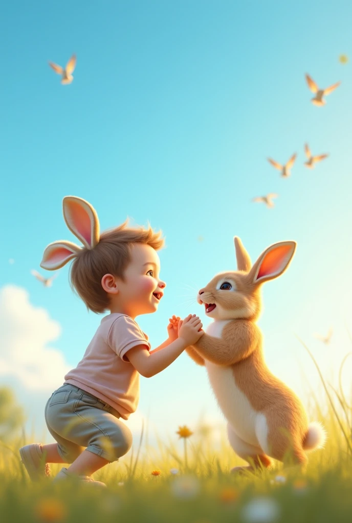 
The rabbit, named Rosie, saw Timmy and approached. Timmy chuckled and ran his chubby little hands over Rosie&#39;s soft fur.
