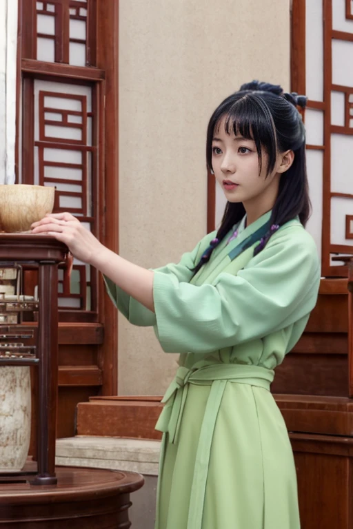 (Best quality, 8k, 32k, Masterpiece, UHD:1.2) "Transform the setting into a serene garden nestled within the palace of Ancient China. Envision traditional Chinese architecture surrounding the garden, with intricately carved wooden beams and ornate roofs adorned with upturned eaves. The garden itself is a tranquil oasis, filled with meticulously arranged plants, including bamboo groves, bonsai trees, and vibrant peonies in full bloom. A calm, reflective pond occupies the center, with koi fish swimming beneath the surface and a stone bridge arching gracefully over it. Lanterns hang delicately from the trees, casting a soft, warm glow. In the distance, a pagoda stands tall, partially hidden by the lush greenery. The air is filled with the faint scent of jasmine and the sound of rustling leaves, creating a peaceful and harmonious atmosphere, reminiscent of the imperial gardens of Ancient China's royal palaces."
