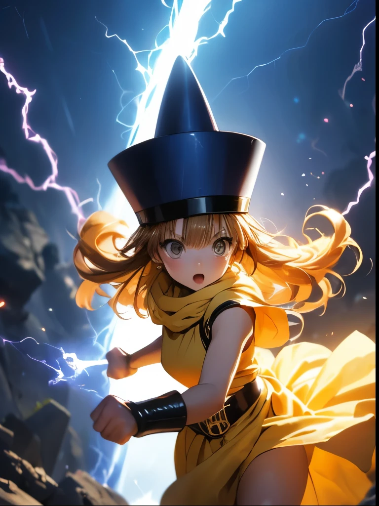 (((SFW、Accuracy、Highest quality、 A first-class masterpiece 、 Normal body 、8k、 detailed color 、 super precision 、 Normal Hands 、5See also、Highest)))、" Dragon Quest IV"、 Arena、arena、 Blonde、 straight long hair sticking out my crotch here、 short、 slender、yellow dress 、 yellow mini skirt、blue cloak 、blue pointy hat、 black belt 、Fighting Girl、Lightning fast、attack
