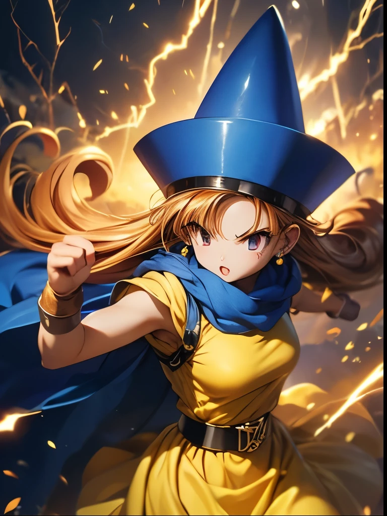 (((SFW、Accuracy、Highest quality、 A first-class masterpiece 、 Normal body 、8k、 detailed color 、 super precision 、 Normal Hands 、5See also、Highest)))、" Dragon Quest IV"、 Arena、arena、 Blonde、 straight long hair sticking out my crotch here、 short、 slender、yellow dress 、 yellow mini skirt、blue cloak 、blue pointy hat、 black belt 、Fighting Girl、Lightning fast、kick attack