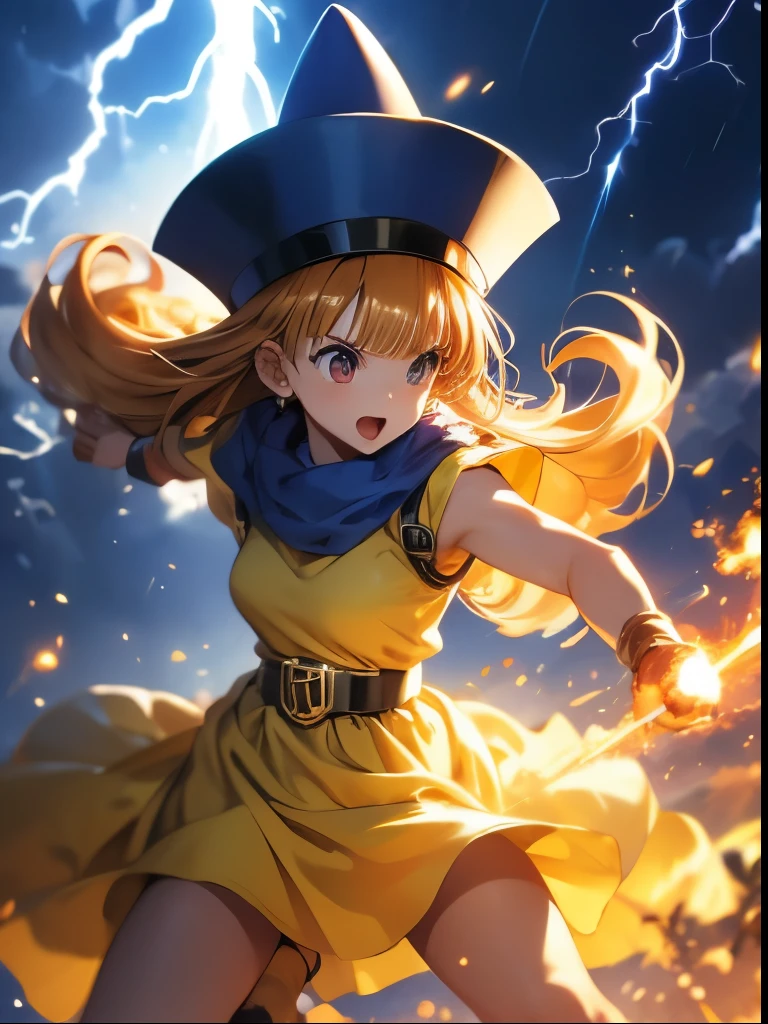(((SFW、Accuracy、Highest quality、 A first-class masterpiece 、 Normal body 、8k、 detailed color 、 super precision 、 Normal Hands 、5See also、Highest)))、" Dragon Quest IV"、 Arena、arena、 Blonde、 straight long hair sticking out my crotch here、 short、 slender、yellow dress 、 yellow mini skirt、blue cloak 、blue pointy hat、 black belt 、Fighting Girl、Lightning fast、punch attack