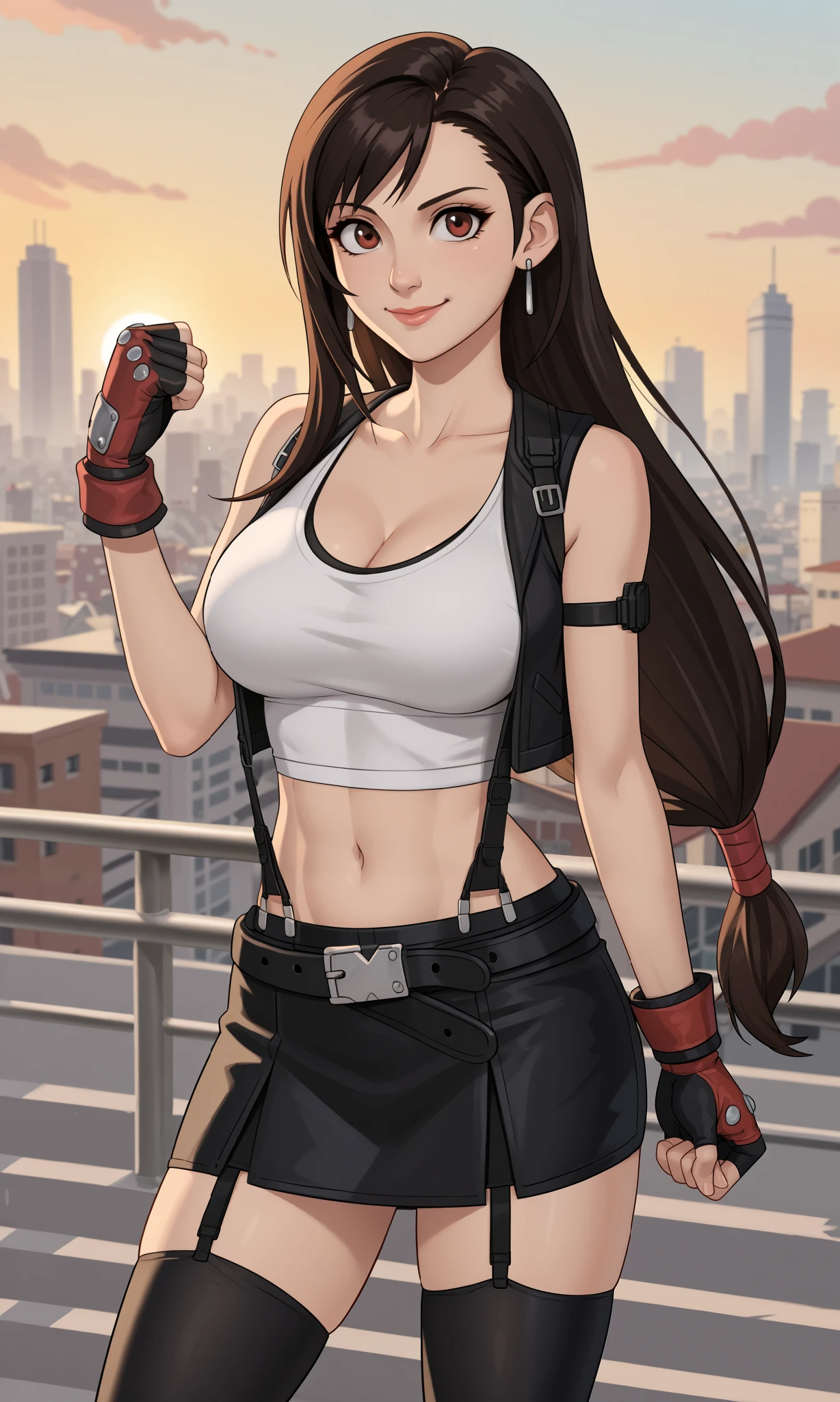 score_9, score_8_up, score_7_up, , tifa lockhart, 1girl, solo, long hair, breasts, looking at viewer, smile, bangs, skirt, large breasts, brown hair, shirt, black hair, red eyes, thighhighs, gloves, navel, cleavage, bare shoulders, brown eyes, jewelry, medium breasts, closed mouth, standing, collarbone, jacket, white shirt, thighs, cowboy shot, pleated skirt, earrings, outdoors, open clothes, sky, sleeveless, alternate costume, black gloves, elbow gloves, midriff, belt, black thighhighs, signature, miniskirt, fingerless gloves, black skirt, stomach, vest, lips, zettai ryouiki, black jacket, crop top, sleeveless shirt, swept bangs, garter straps, suspenders, tank top, building, red gloves, clenched hands, low-tied long hair, zipper, pencil skirt, sunset, black vest, sports bra, city, realistic, nose, suspender skirt, taut clothes, cityscape, white tank top, undershirt, taut shirt, photo background, town, dangle earrings,