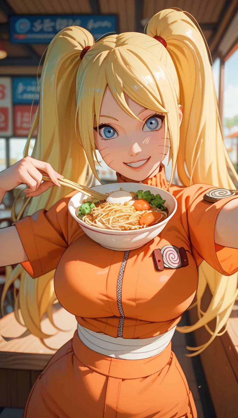 generate Naruto from naruto anime, best quality, masterpiece, 1girl, smile, (solo:1.1), raytracing, ultra detailed, 8k wallpaper, wide hips, tsundere face, large breast, ninja headband. (long hair:1.1),yellow hair, ((blue eyes)), looking at viewer, collarbone, orange  bikini, cleavage, female, at ramen shop, eating ramen. cat whiskers cheek, masterpiece, best quality:1.2),(8k,highres,RAW photo,realistic,photo-realistic:1.3),(detailed skin texture,detailed cloth texture,beautiful detailed face:1.25),professional lighting,photon mapping,beautiful soft light,radiosity,physically-based rendering,model shoot style, model shoot style, (extremely detailed CG unity 8k wallpaper), full shot body photo of the most beautiful artwork in the world, complex 3d render ultra detailed, looking at viewer, 18 yo, wet hair, real human skin, vibrant details, hyperrealistic, beautiful, octane render, 8k, best quality, masterpiece, an extremely delicate and beautiful, extremely detailed ,CG ,unity ,wallpaper, (realistic, photo-realistic:1.37),Amazing, finely detail, masterpiece,best quality,official art, extremely detailed CG unity 8k wallpaper ,extreme detailed eyes, (perfect face), shiny skin, colorful, highest detailed, vibrant colors, ultra high res, (high contrast), intricate, lens flare,