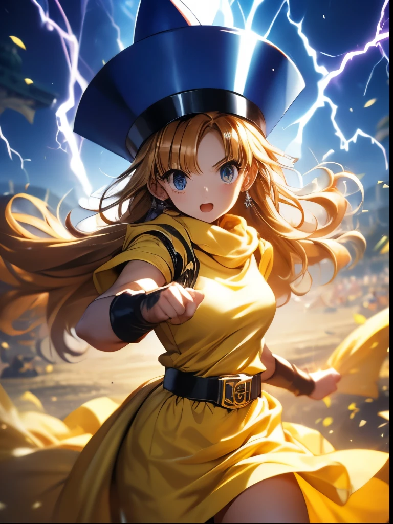 (((SFW、Accuracy、Highest quality、 A first-class masterpiece 、 Normal body 、8k、 detailed color 、 super precision 、 Normal Hands 、5See also、Highest)))、" Dragon Quest IV"、 Arena、arena、 Blonde、 straight long hair sticking out my crotch here、 short、 slender、yellow dress 、 yellow mini skirt、blue cloak 、blue pointy hat、 black belt 、Fighting Girl、Lightning fast、hero pose