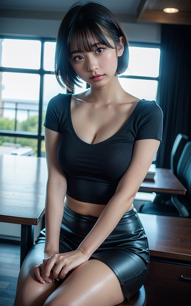 1 Girl, Red Eyes, short hair, , Large Breasts, mini skirt, In class, innocent face, Unity 8k Wallpaper, Super detailed, Aesthetic, masterpiece, best quality, Reality