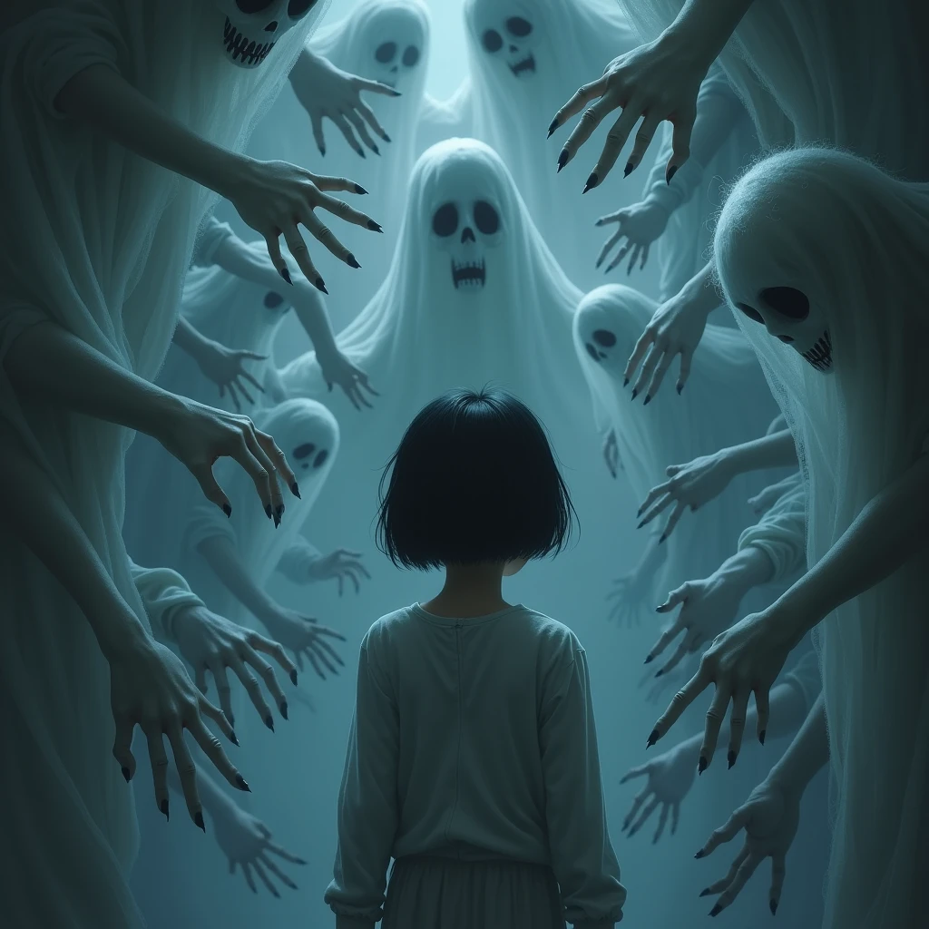 Character: beautiful, gorgeous, African american girl, dark skin short bob cut weave, wearing straight jacket, hospital ward, surrounded by transpareent ghosts,

Background/scene: night time, hospital ward, transparent ghosts, bloom lighting 

Setting: realistic, 4k, fantasy