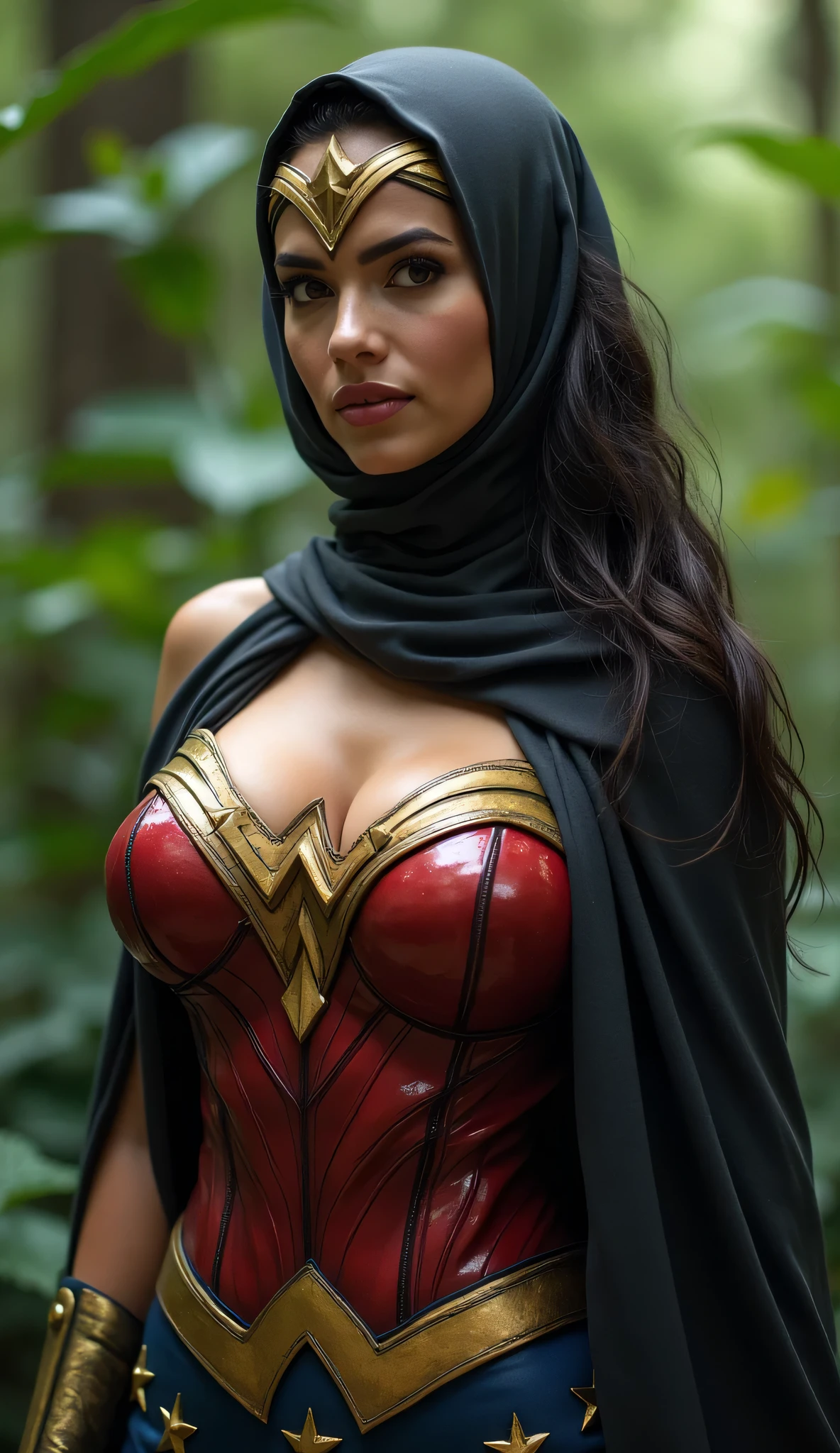 (ultra realistic, 32k, masterpiece), (highly detailed skin), (high quality), CARTOON_DC_big_barda_ownwaifu, (bored:1.1) solo, breasts, makeup, lipstick, lips, beautiful eyes, black hair, curves, toned, cape , helmet, armor, red cape, gloves, superhero, fishnet stockings, yellow gloves, shoulder armor, belt, cuirass, golden armor, horns, short skirt, whispering waterfalls, cascading water, enchanting echoes, blurred background of hidden caves : 1.1, (looking at viewer), (portrait: 1.1), (small breasts, beautiful breasts), penis peeking out from her crotch, (lighting: 1.1),