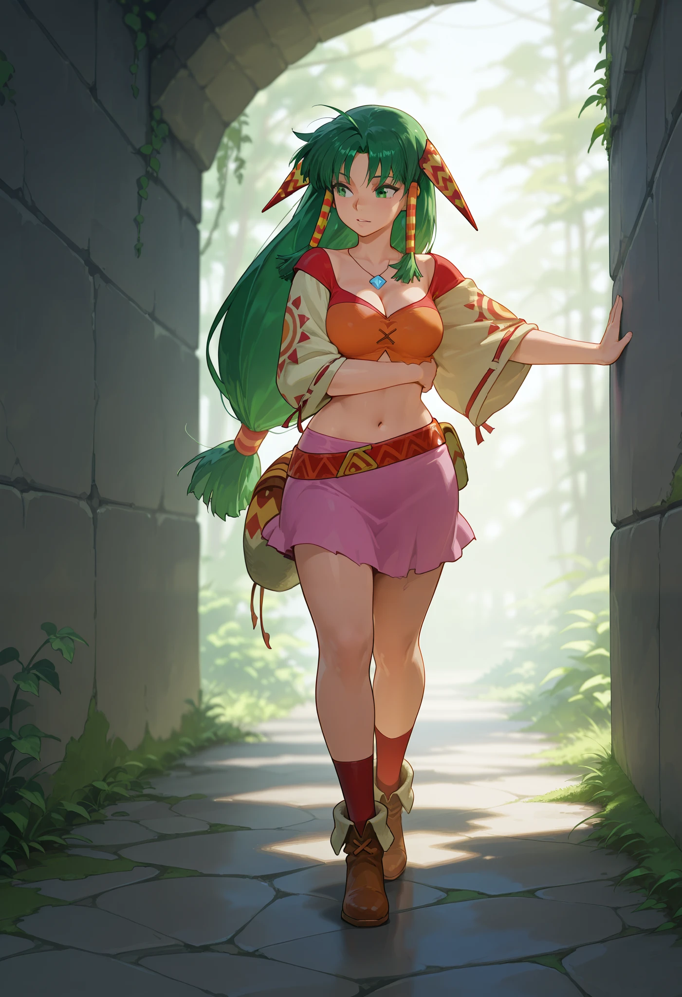 26 yo, face look alike to feena from \(Grandia\), Beautiful Mature young milf, (mature woman with lean perfection abdomen), breathless - amazed expression, large natural , Curvy body, (holding a decorated shortblade with 1hand and another hand touch the ancient wall of inca ruin - exploring an ancient ruin in fantasy classic Grandia settings), walking, eyes on the wall - head tilting up, exploration scene, solo, 1girl, BREAK, She wears an orange bra top that leaves her abdomen exposed, paired with a short pink skirt held up by a thin red belt. Covering her arms is a tan-colored shawl adorned with red patterns on both sleeves. Her long green hair flows down her back, with some sections tied through two patterned hair accessories. She completes her ensemble with ripped red socks that extend past her knees and brown shoes featuring tribal patterns similar to those on her belt and shawl, official arts, (dynamic jrpg side view), fantastic fantasy vibrant background, eyes on the ancient ruin wall with moss, jrpg fantasy jungle, rubbles and ruins, ancient monumental jungle, exotic strange flora and plants, wide shot, (dynamic fullbody side view), cinematic angles,