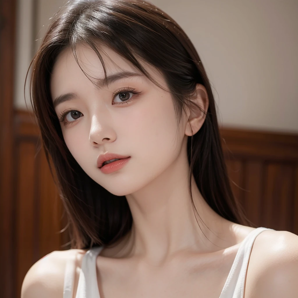 Highest quality、masterpiece、Ultra-high resolution、(Realism:1.4)、1 girl、In a pale background、Deep Shadow、Low Key、Shortcuts、Upper Body、sex appeal、Wearing a shirt