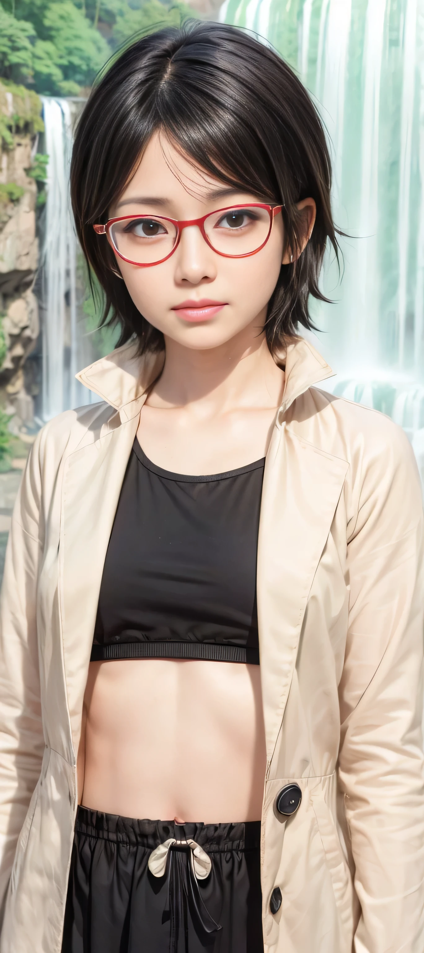masterpiece, best quality, (realistic,photo-realistic:1.4), (RAW photo:1.2), extremely detailed CG unity 8k wallpaper, delicate and beautiful, amazing,finely detail, official art, absurdres, incredibly absurdres, huge filesize, ultra-detailed,extremely detailed eyes and face,light on face,(smirk),(wearing red framed glasses:1.4),sarada,(black hair:1.4),(short hair:1.4),(wearing homkai impact outfit:1.5),(waterfall background:1.5)