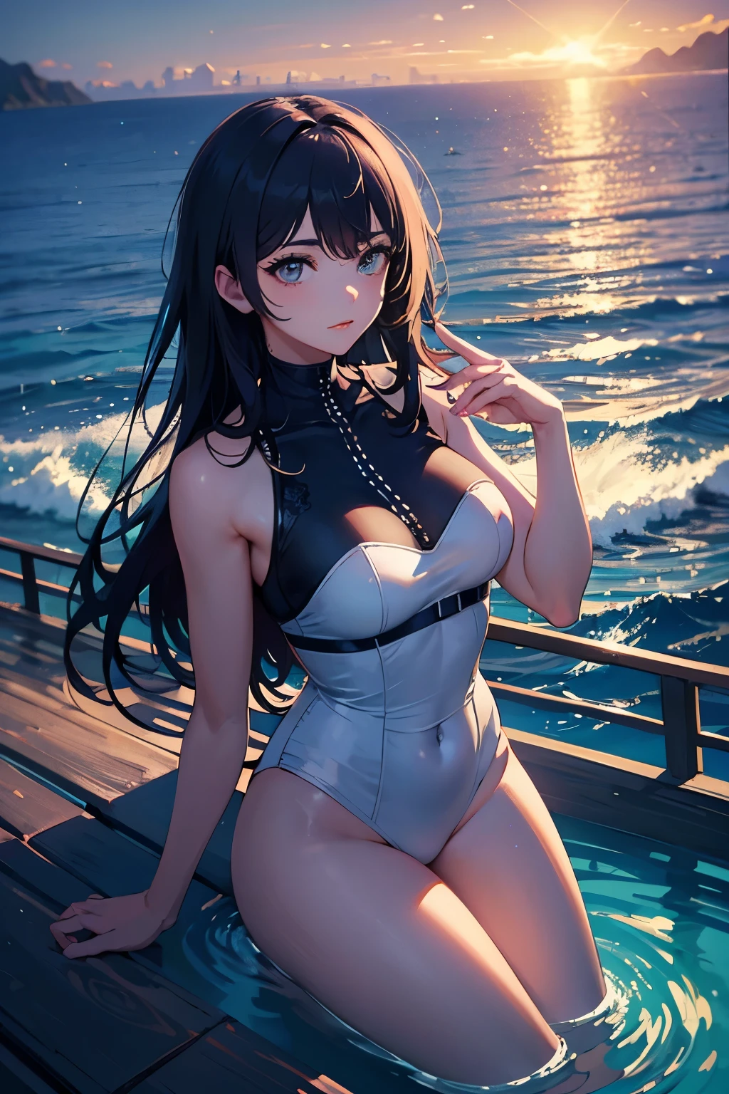 She was an attractive Japan college girl who loved the ocean。She had long, wavy black hair that fluttered in the wind.、Had deep, narrow eyes that sparkled like the sea。Her face is graceful and friendly、There was a delicate nose and plump lips。Her skin is smooth and radiant,、My cheeks were slightly red.。Her body is smooth and graceful.、Had natural curves and balance。She wore a white one-piece swimsuit。The swimsuit is made of cotton.、It felt soft and comfortable。The swimsuit has a halter neck that shows the shoulders and、With Roebuck showing his back、There were frills that added femininity。She wore a straw hat with a blue ribbon on it.、A cool and sparkling intelligence-enhancing bracelet made of glass of the same color as the eyes, and、A necklace made of shellfish that shows a love for the smooth and natural sea.、She also、I was wearing sturdy and durable casual and relaxed sandals made of leather.。
She was sitting on a wooden bench on the pier of a seaside town。The pier was surrounded by boats, fishing nets and seagulls。The sea is calm and blue、The horizon was clear and endless。The sky is clear and bright、The clouds were fluffy and white。The background has depth and perspective.、It looked realistic and three-dimensional。(quality: 2) (picture quality: 2) (detail: 2) (masutepiece: 2) (Official art: 2) (meticulously detailed masterpiece: 2) (realistic in every detail: 2)
She smiled kindly and looked at the camera、Showed a warm and sweet personality。She had a book on her lap。The book has a colorful cover with a picture of a mermaid.、It is made of paper and、It felt new and exciting。She opened the book and read the words softly。The words sounded like a fairy tale。She was holding an ice cream cone in her right hand。The ice cream cone has vanilla ice cream sprinkles on it.、It is made of milk,、It felt cold and creamy。She licked it with her tongue。It felt cute and playful。Although her eyes were expressive and charming,、At the same time, pure、Calm the viewer、There was also a s