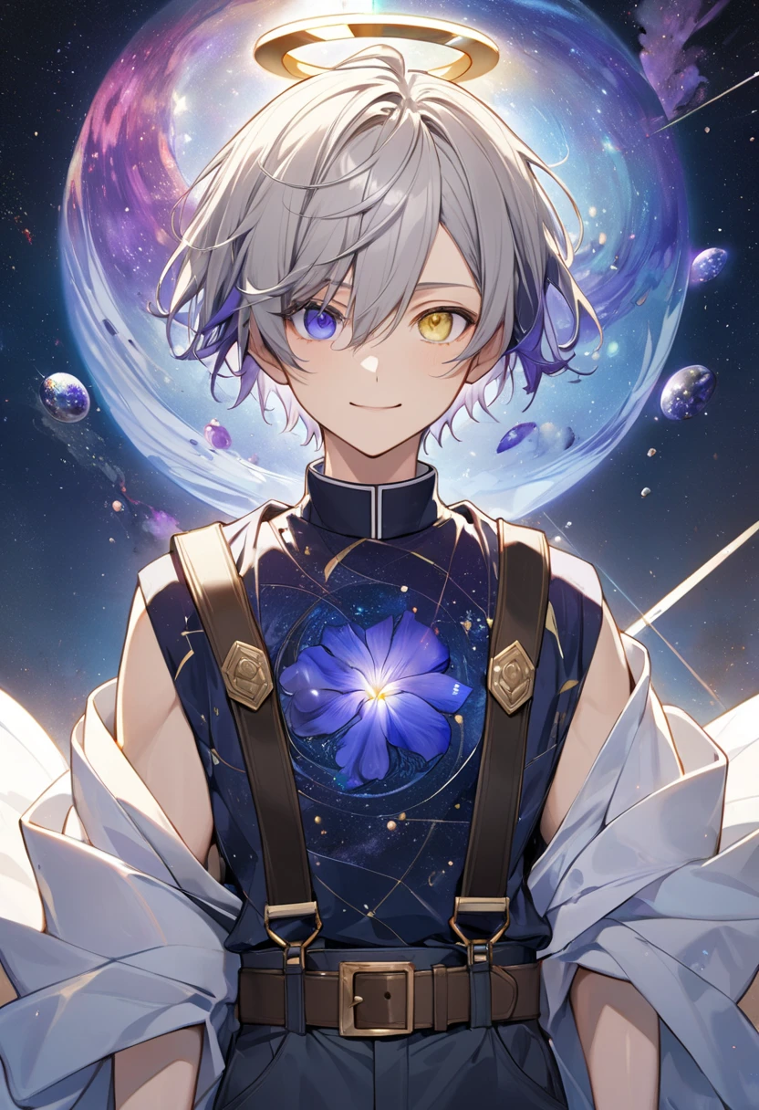 young man, (((male))), (twink), (((one person))), (((single))), (((solo))), (((slim body))), (slim figure), (((flat chest))), (((very flat chest))), ((extremely flat chest)), pointy ears, (((pale blue colored hair))), (((silver colored eyes))), (((iridescent eyes))), (glowing eyes), pale skin, galaxy in the background, space in the background, stars and planets in the background, ((fantasy style)), (((sparkling clothes))), (((metallic clothes))), (((glitter))), ((shiny clothes)), ((colourful sparkles)), (((floating in space))), ((holding a colourful glowing orb)), magic, (holographic wings)
