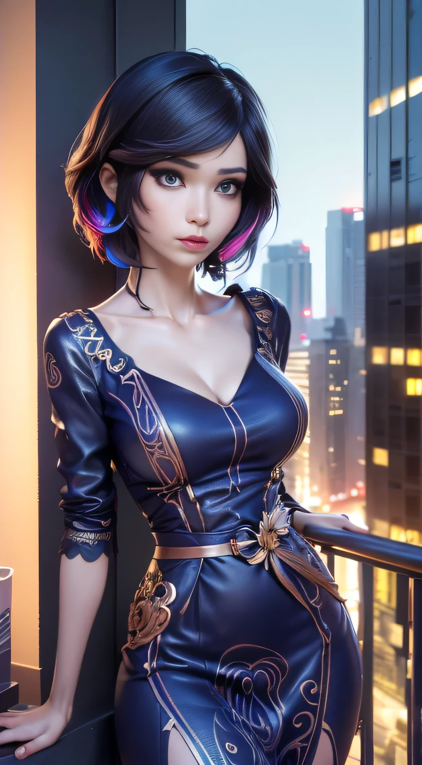 A realistic cinematic 8k resolution shallow focus scene captured with soft natural lighting and shading with a powerful sense of ultra-realism that shows a (full body) (young woman) proudly standing with an defiant expression with very fluid movements in front of a stunning hyper-realistic cyberpunk Neo-futurism city with a stunning cloudscape in the background. She is (Wearing a futuristic tangerine jacket and low cut jeans on top) of her (insanely detailed, elegant and ornate anatomically sculpted bio-mechanical graphite fractal body delicately embroidered with tiny ruby and Bloodstone details and kitten ears:1.2) She has a slender fit cyborg body, a young round face, ([dark:ruby:0.51] short bob cut messy hair:1.3), expressive round dark-blue eyes, lovely full lips, and a beautiful small round nose, soft colorful makeup. 