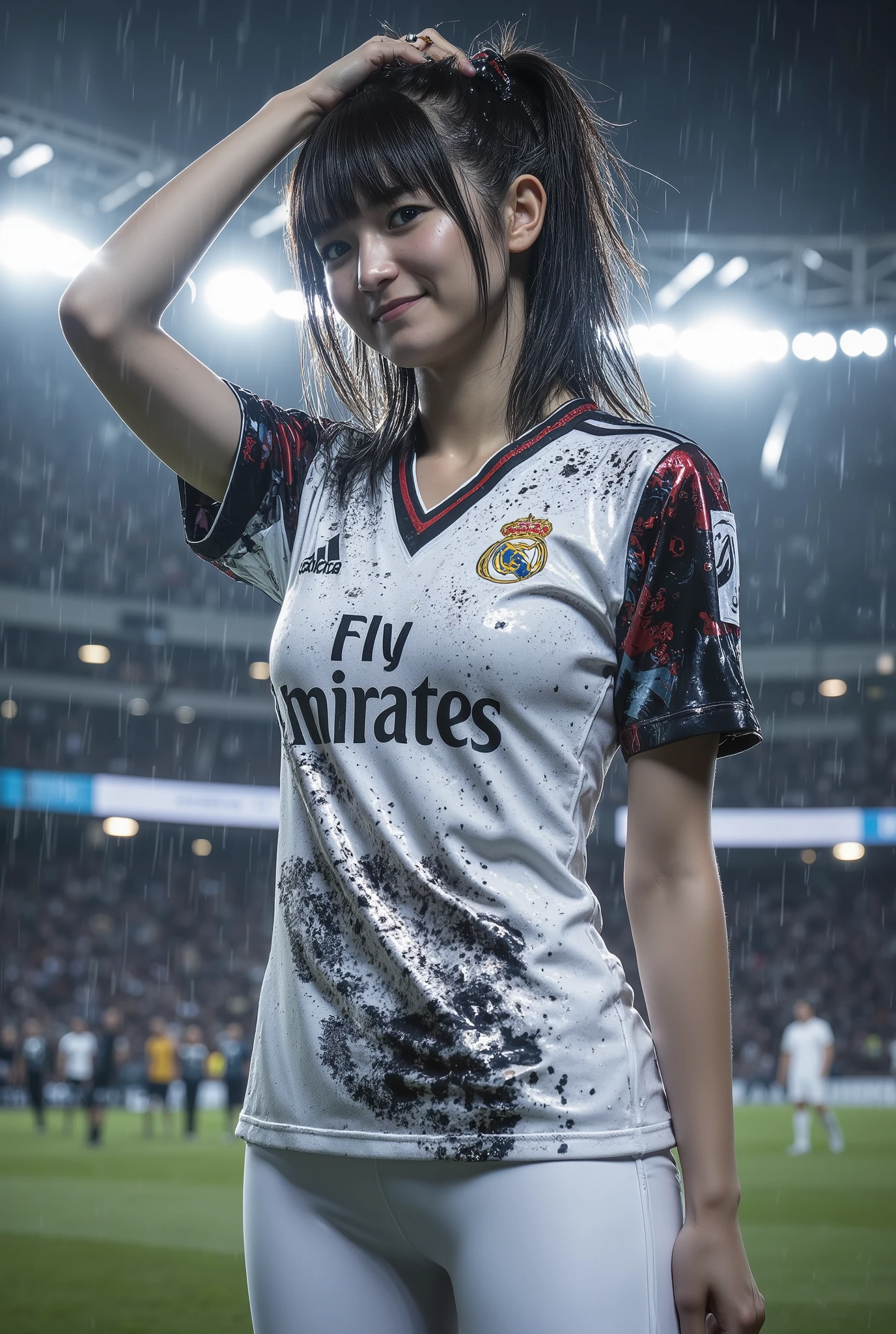 cowboy shot, suzuka nakamoto, same hairstyle she used in babymetal, she is wearing the (((2024 official shirt of the european soccer team REAL MADRID, please respect the original design of the shirt))) add a deep v neckline, white fitted leggings, wet skin, wet clothes, set the scenario in the santiago bernabeu stadium in madrid, heavy rain, dynamic model pose, she is doing a photoshoot in the middle of the soccer field, hourglass figure, big breasts, happy , smile, crossed arms, nipples hard