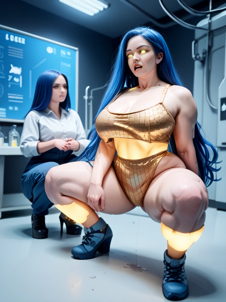 a girl, (huge breasts:1.5), (muscular body:1.4), (muscle abs:1.1), ((korean facial:1.5)), looking at viewer, (wet body:1.5), (wet skintight yoga suit:1.4), (Glasses:1.5), (skintight yoga pants:1.5), (running sneakers:1.4), (blonde short hair:1.2), Best quality at best, (Relax sitting on a gaming chair by the gaming room:1.9), diffuselighting, depth of fields, Background bokeh, photorealistic, UHD, anatomically correct, high details, high quality, best quality, highres, 16k, HD.