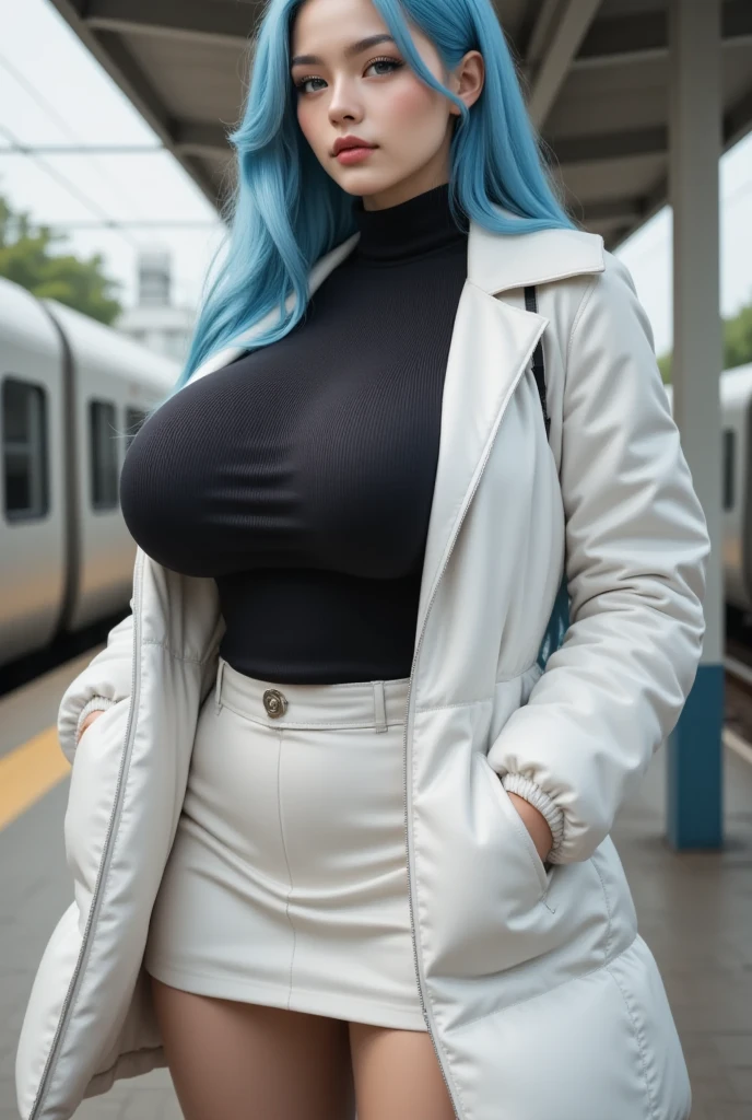 ((Crowded trains, A very cute woman wearing very very short white silk mini skirt.))((wearing a white silk plunging open shirt: 1.6.)). 40k, Photography, Masterpiece, Best quality, dark grey background, ((1girl blue eyes and gorgeous light blue hair, She wears glasses on her beautiful face, )), big ass full breasts until waiting wearing, varied pose.((Huge breasts :1.4)), Ultra-detailed face, Detailed eyes, huge boob, Curvy, A MILF