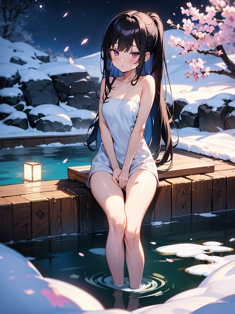 highest quality、very delicate and beautiful、I、I、8-year-old little girl、Japanese、upon、Chiquita、Noble、primary school student、black haired、((Pink leotard))、（High leg）、Tiara on the head、laughter、standing、facing the front、hot spring with snow background、bathing