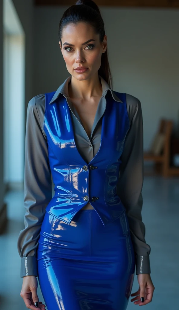 a beautiful black woman with a cable eyepatch, narrowed eyes, a smirk, black braided hair, wearing a blue uniform, James Daly art style, photorealistic, 8k, incredibly detailed, dramatic lighting, cinematic, hyper-realistic
