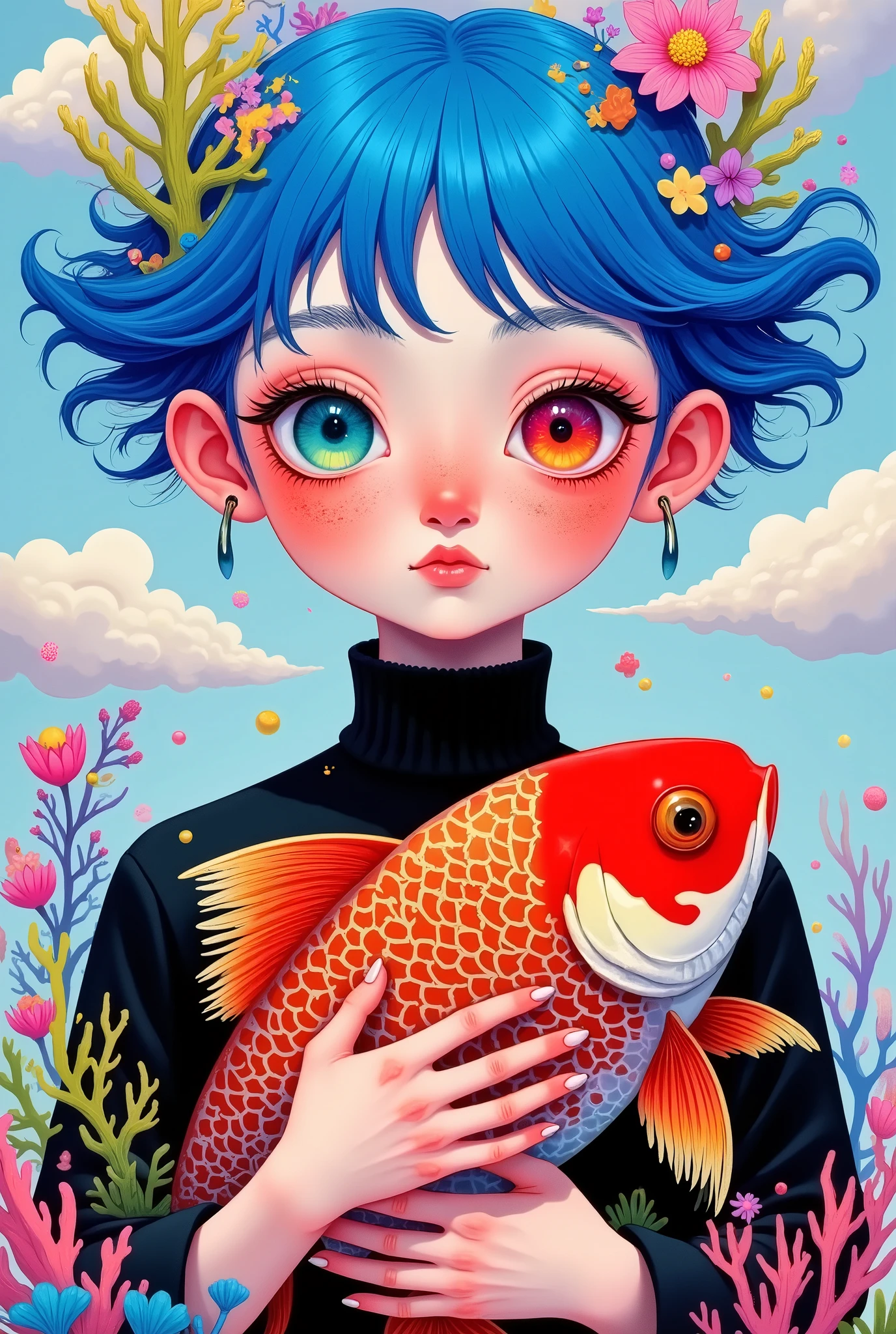创意插画:Portrait of a girl with red eyes ,( with blue eyes and one green eye),Round Face, blue hair, cartoon style ,The clouds above your head,coral,flower,black stand-up collar。 holding a big red fish in her hands ,Golden scales。Duality