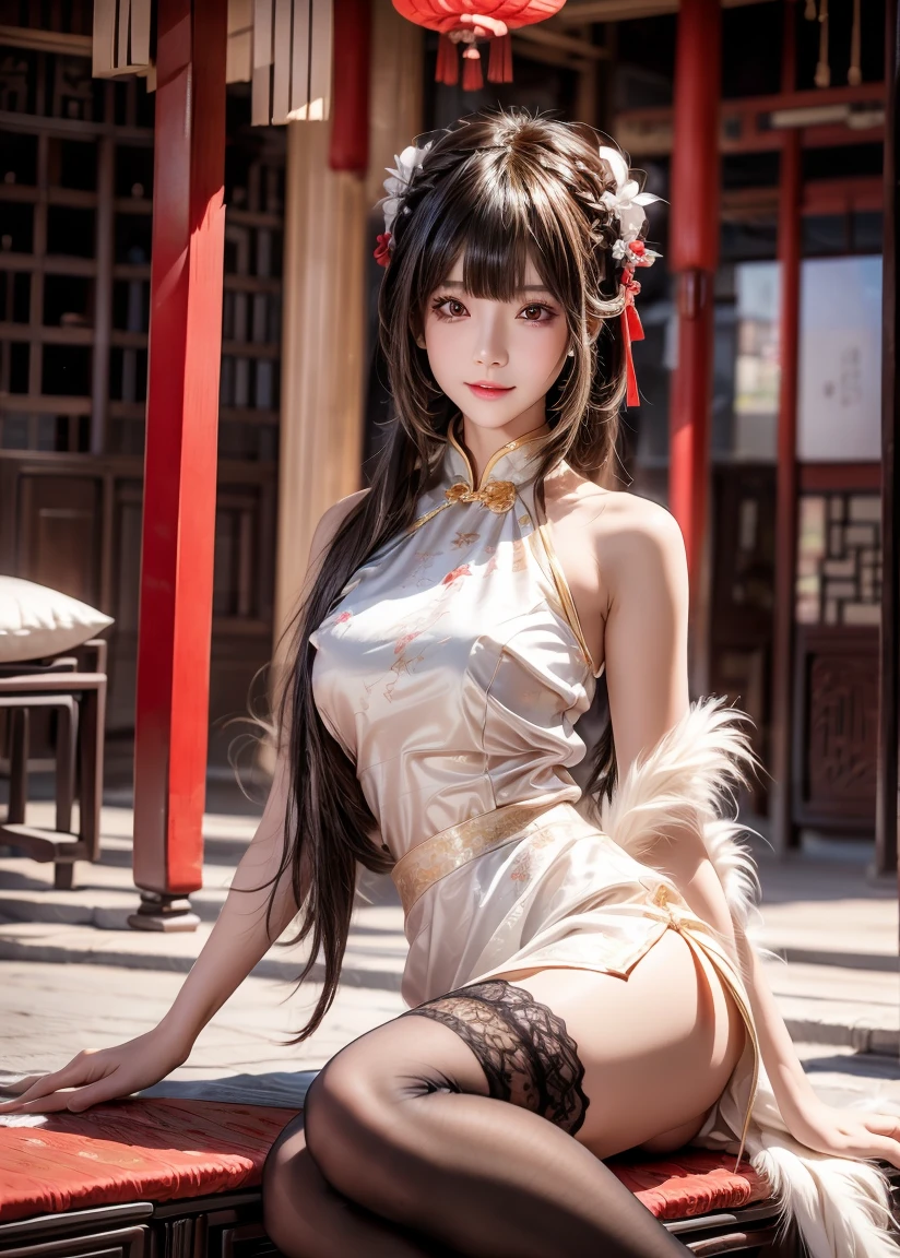 chunmomo, (masterpiece, best quality:1.2), soft light, 1girl, solo, delicate face, Detailed skin, long black hair, ,hanfu, chinese traditional dress,cafe,huge breasts