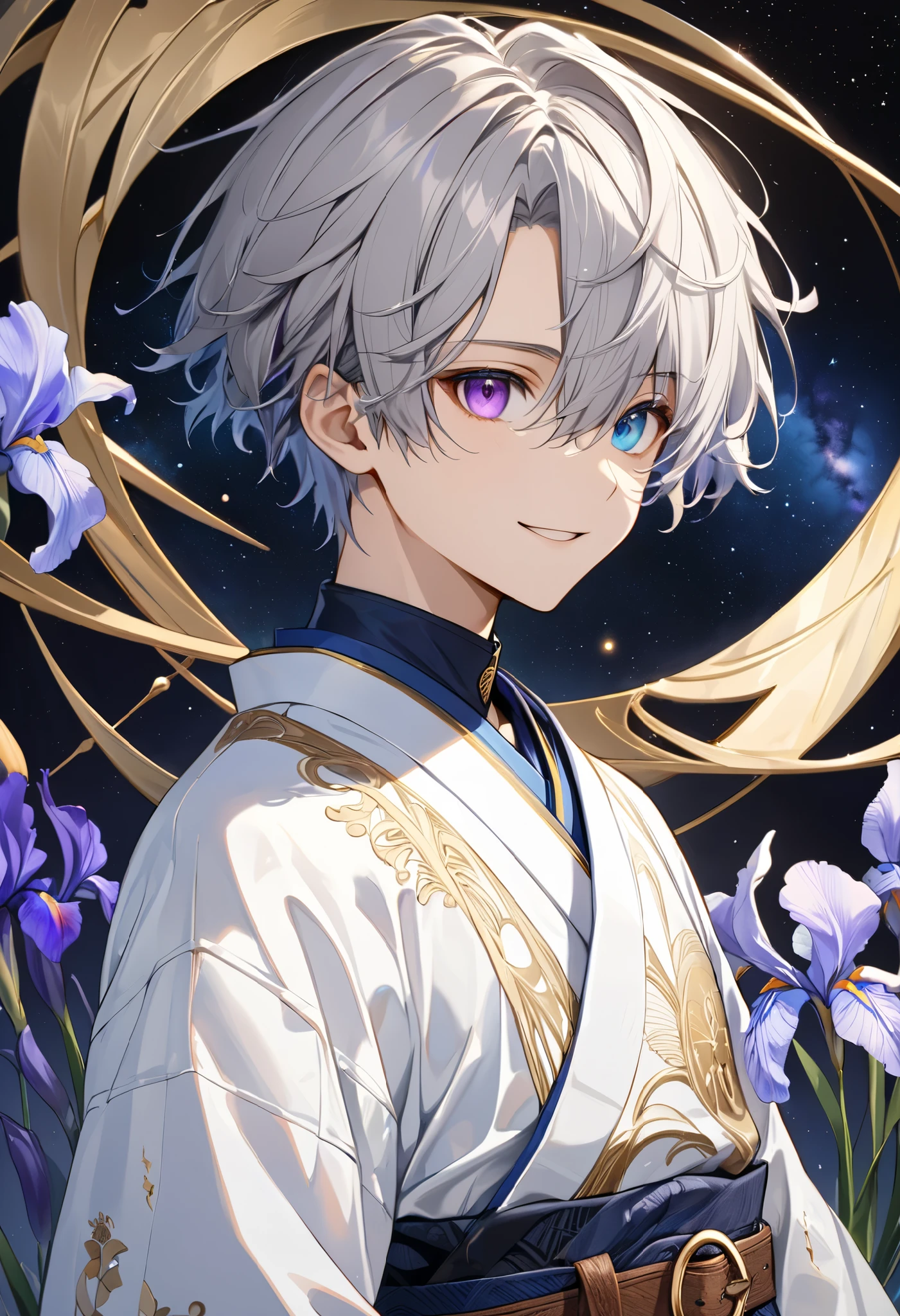 fresh illustration ,
Superfine painting,
very delicate illustration ,
Very fine details ,
Picture of only one boy ,
standing,
Height: 158cm,
Beige Skin,
((The iris of the right eye is blue and the iris of the left eye is purple))
((Complete iris heterochromia )),
beautiful eyes,
large black pupils ,
short hair,
Gray Hair,
hair roots are bluish ,
The hair has gradation ,
shiny hair with makeup,
Beautiful and pretty face,
The mouth is extremely small,
is smiling,
There is a small shining halo floating above the head,
raised eyebrows ,
The upper body is wearing a kimono in kimono ,
Six Pack,
The color of the belt is black ,
Overall flashy white clothes ,
The belt is tastefully embroidered with gold thread ,
fine fabric clothing ,
Isometric,
Golden Ratio,
god々 like atmosphere,
The undershirt is indigo-colored with a stand-up collar,
outer space ,
Milky Way,
Little Star々 upper body ,
tactical use of shadows ,
The ring of head and hair don't stick out of the angle of view ,
Clothes don't stick out of the angle of view ,
facing the front,
(( bust shot))