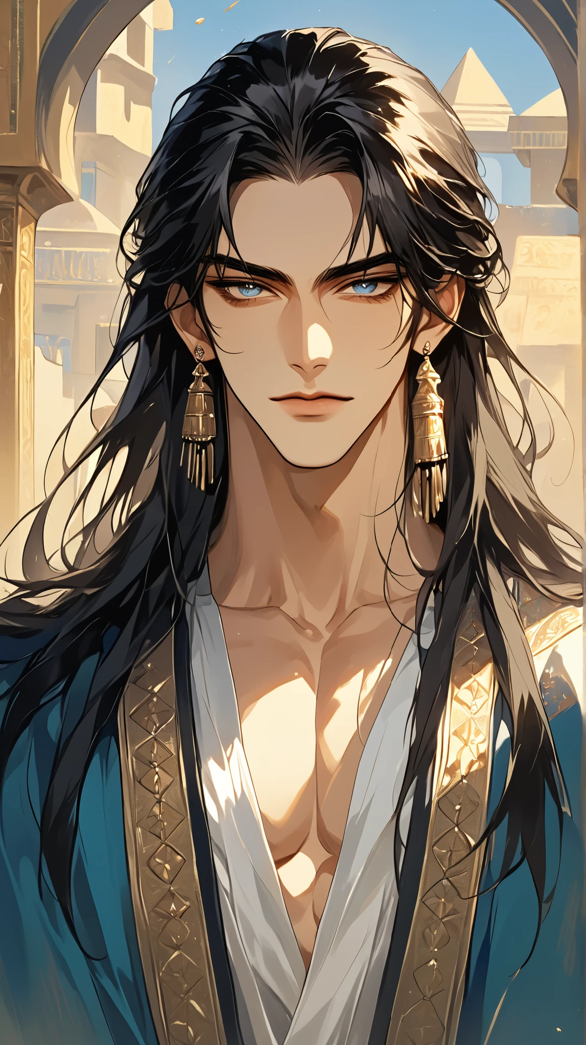 (score_9, score_8_up), long hair, masterpiece, best quality, 1 man , black hair , perfect face , blue eye , handsome male , Alone, adult male , delicate line drawingimpasto, masterpiece, high resolution, Top quality, unique , 1 male , nice , tanned skin , black haired, a sultan, Egypt, open clothes