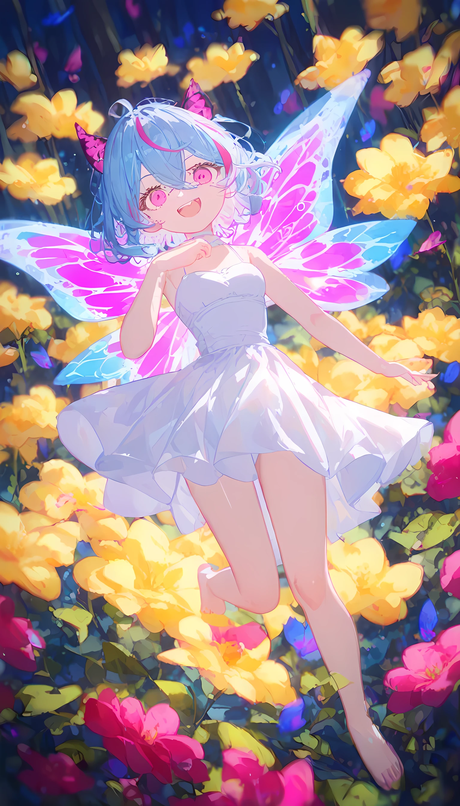 (masterpiece, best quality, amazing quality, very aesthetic, absurdres, newest:1), best quality and highly detailed textures, in a unity 8k wallpaper style, optimal lightning, high detailed ,watercolor picture-book style,rough touch, 1girl,solo,solo girl,medium hair ,light blue hair,((highlights hair,pink streaked hair)), ((between eyes hair )),(straight hair), pink eyes ,wide eyes ,sharp face line,smile ,glass butterfly wings ,small breasts,petite,((white dress )),bare foot,full body, jumping in the forest,something flowers,colorful flowers,glowing flowers,dynamic angle,dynamic pose,acrobatic pose,