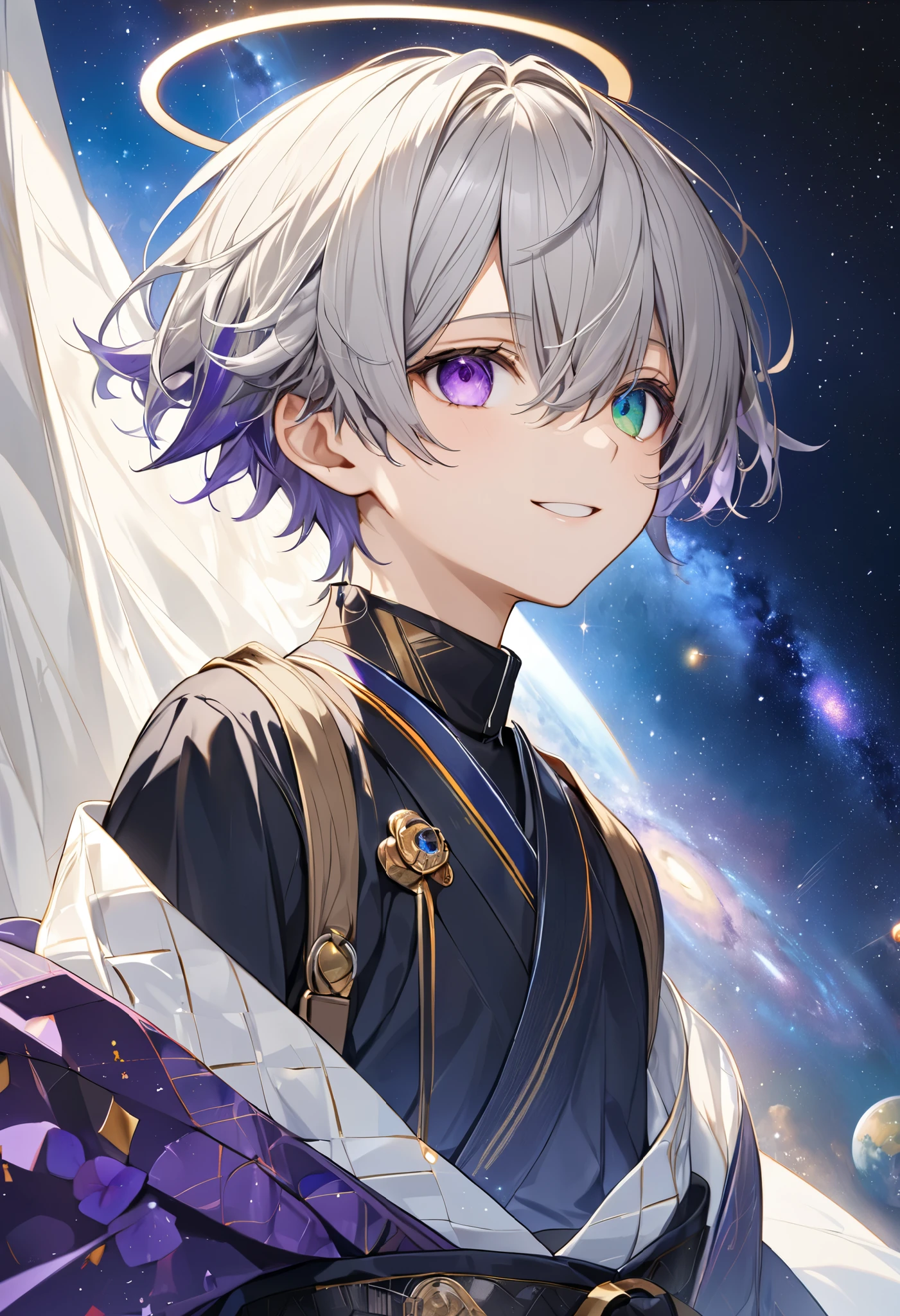 fresh illustration ,
Superfine painting,
very delicate illustration ,
Very fine details ,
Picture of only one boy ,
standing,
Height: 158cm,
Beige Skin,
((The iris of the right eye is blue and the iris of the left eye is purple))
((Complete iris heterochromia )),
beautiful eyes,
large black pupils ,
short hair,
Gray Hair,
hair roots are bluish ,
The hair has gradation ,
shiny hair with makeup,
Beautiful and pretty face,
The mouth is extremely small,
is smiling,
There is a small shining halo floating above the head,
raised eyebrows ,
The upper body is wearing a kimono in kimono ,
Six Pack,
The color of the belt is black ,
Overall flashy white clothes ,
The belt is tastefully embroidered with gold thread ,
fine fabric clothing ,
Isometric,
Golden Ratio,
god々 like atmosphere,
The undershirt is indigo-colored with a stand-up collar,
outer space ,
Milky Way,
Little Star々 upper body ,
tactical use of shadows ,
The ring of head and hair don't stick out of the angle of view ,
Clothes don't stick out of the angle of view ,
facing the front,
(( bust shot))