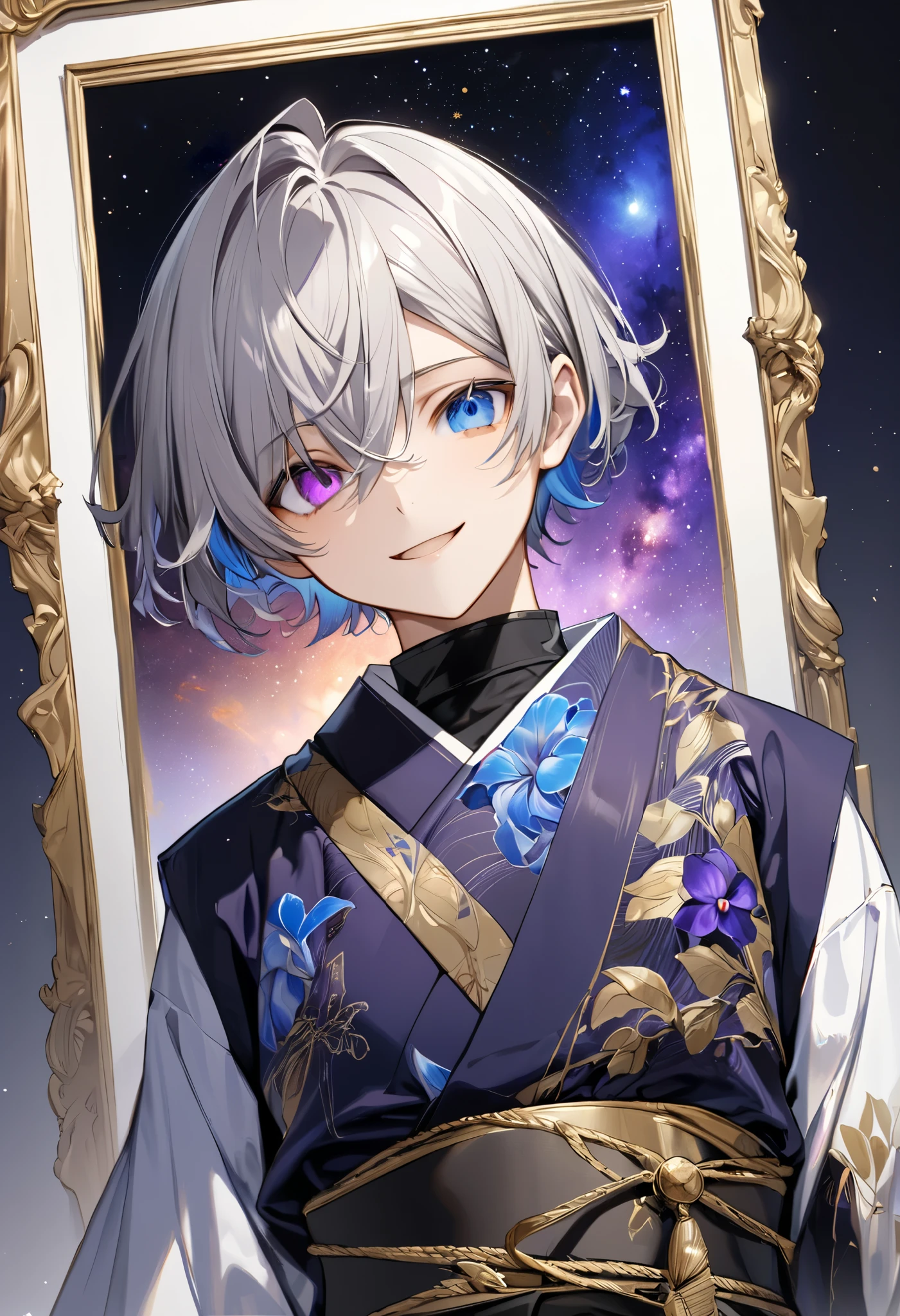  fresh illustration ,
Superfine painting,
 very delicate illustration ,
 Very fine details ,
Picture of only one boy ,
 standing,
Height: 158cm,
Beige Skin,
((The iris of the right eye is blue and the iris of the left eye is purple))
((Complete iris heterochromia )),
 beautiful eyes,
 large black pupils ,
 short hair,
Gray Hair,
 hair roots are bluish ,
 The hair has gradation ,
 shiny hair with makeup,
Beautiful and pretty face,
The mouth is extremely small,
 is smiling,
 There is a small shining halo floating above the head,
 raised eyebrows ,
 The upper body is wearing a kimono in kimono ,
 Six Pack,
The color of the belt is black ,
Overall flashy white clothes ,
 The belt is tastefully embroidered with gold thread ,
 fine fabric clothing ,
Isometric,
Golden Ratio,
god々 like atmosphere,
 The undershirt is indigo-colored with a stand-up collar,
 outer space ,
Milky Way,
Little Star々 upper body ,
 tactical use of shadows ,
 The ring of head and hair don't stick out of the angle of view ,
Clothes don't stick out of the angle of view ,
 facing the front,
(( bust shot))