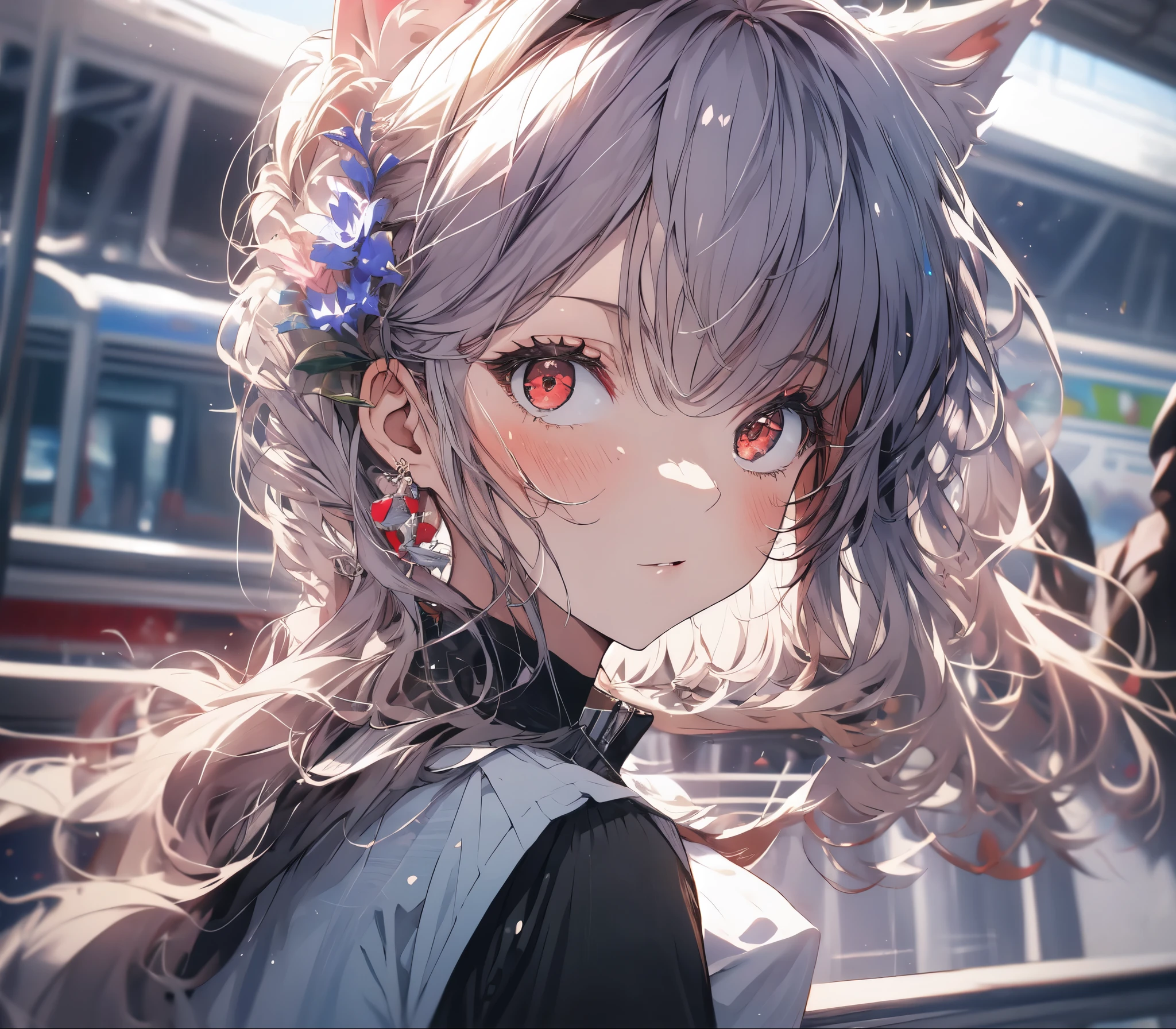 1 girl, slits in front, Down Blouse , loose t-shirt ,Cat ears, White Ponytail, Red eyes, train,