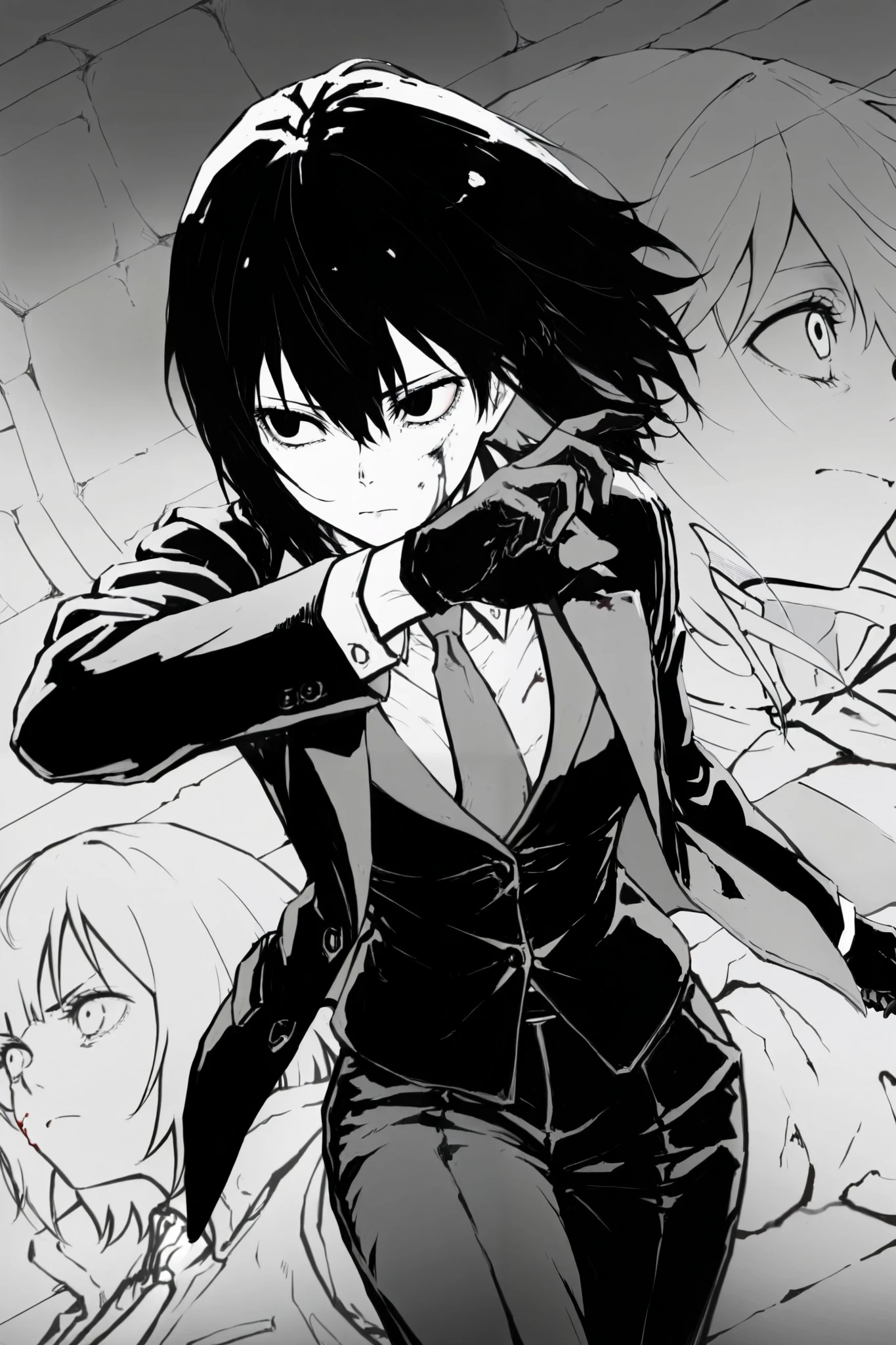 score_9, score_8_up, score_7_up, score_6_up, score_5_up, score_4_up,  
BREAK
(masterpiece: 1.0), best quality, perfect anatomy, perfect composition, perfection, 
BREAK
line art, lineart, monchrome, greyscale, masterpiece. kdm style
BREAK
anime, best quality, dynamic pose, expressive, dynamic pose, dynamic angle, volumetric lighting, cinematic lighting, absurdres,
BREAK 
incredible quality, detailed facial expressions, {masterpiece},illustration,beautiful detailed,colourful,finely detailed, intricate details,1 girl, solo, young, black hair, permed medium hair, black eyes, black jacket, open jacket, black suit, pant suit, tie, white shirt, erotic face, UHD, masterpiece, hyper detail, super detail, anime screencap, Dead eyes, frozen eyes, blood, wiping blood from face with arm, black gloves, dark ruined city background, expressionless, bloodshed, looking around, yandere, looking away,