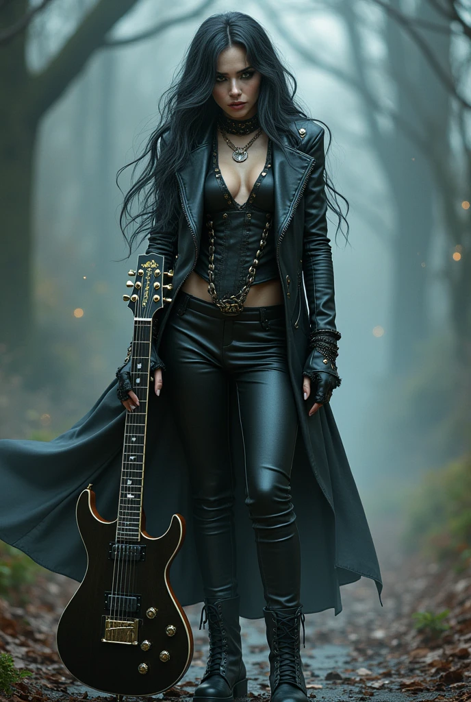 Raven Blackwood. She is an Avengers heroine. Bblack hair, intense and silky, falls in natural waves to the shoulders. His eyes are an intense green, almost emerald, that shines with an almost mysterious intensity. athletic physical structure, defined muscles and a confident posture. Likes to wear black leather clothes and jeans. He's always with his guitar. create Raven's image