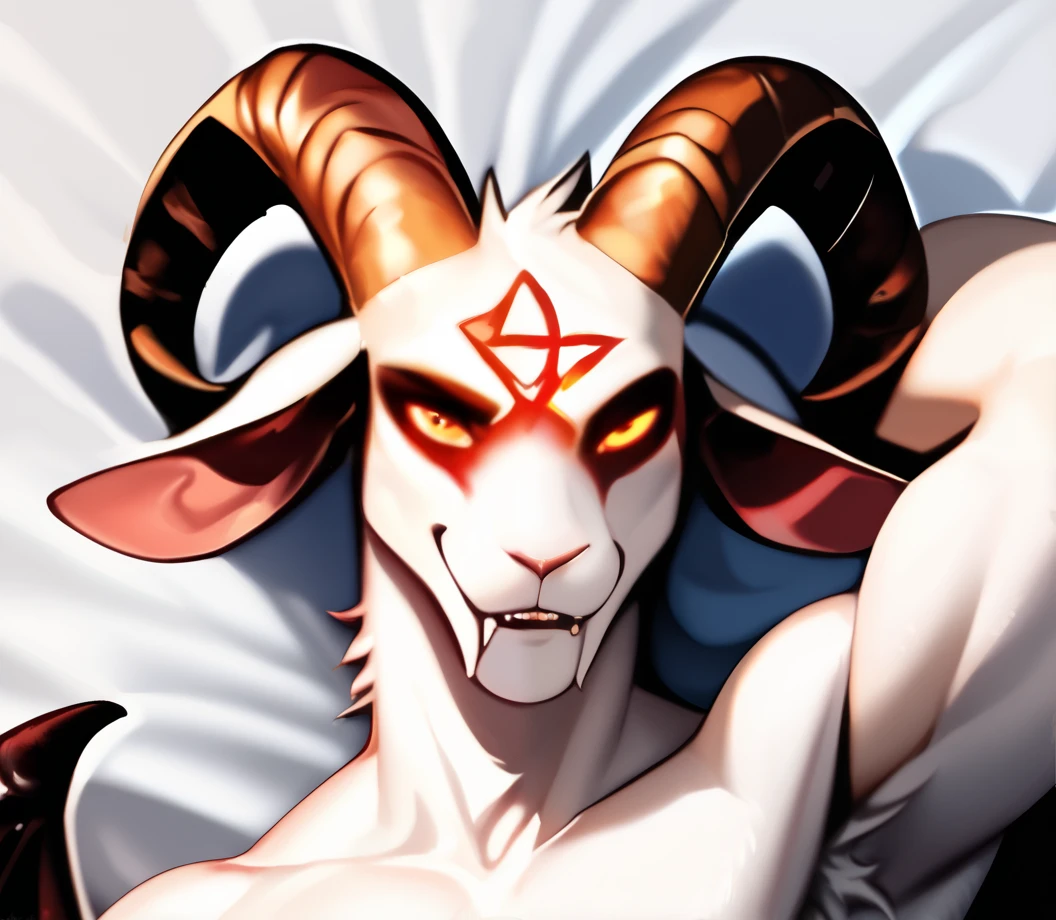 anime character with horns and a goat head with a red star on it, demon white horns, horns and red eyes, aries fiery ram tarot, fit male demon with white horns, white horns queen demon, baphomet, with horns, white horns from eyebrows, horned god, oni horns, horned ram goddess, tiefling, lamb and goat fused as one, satanism