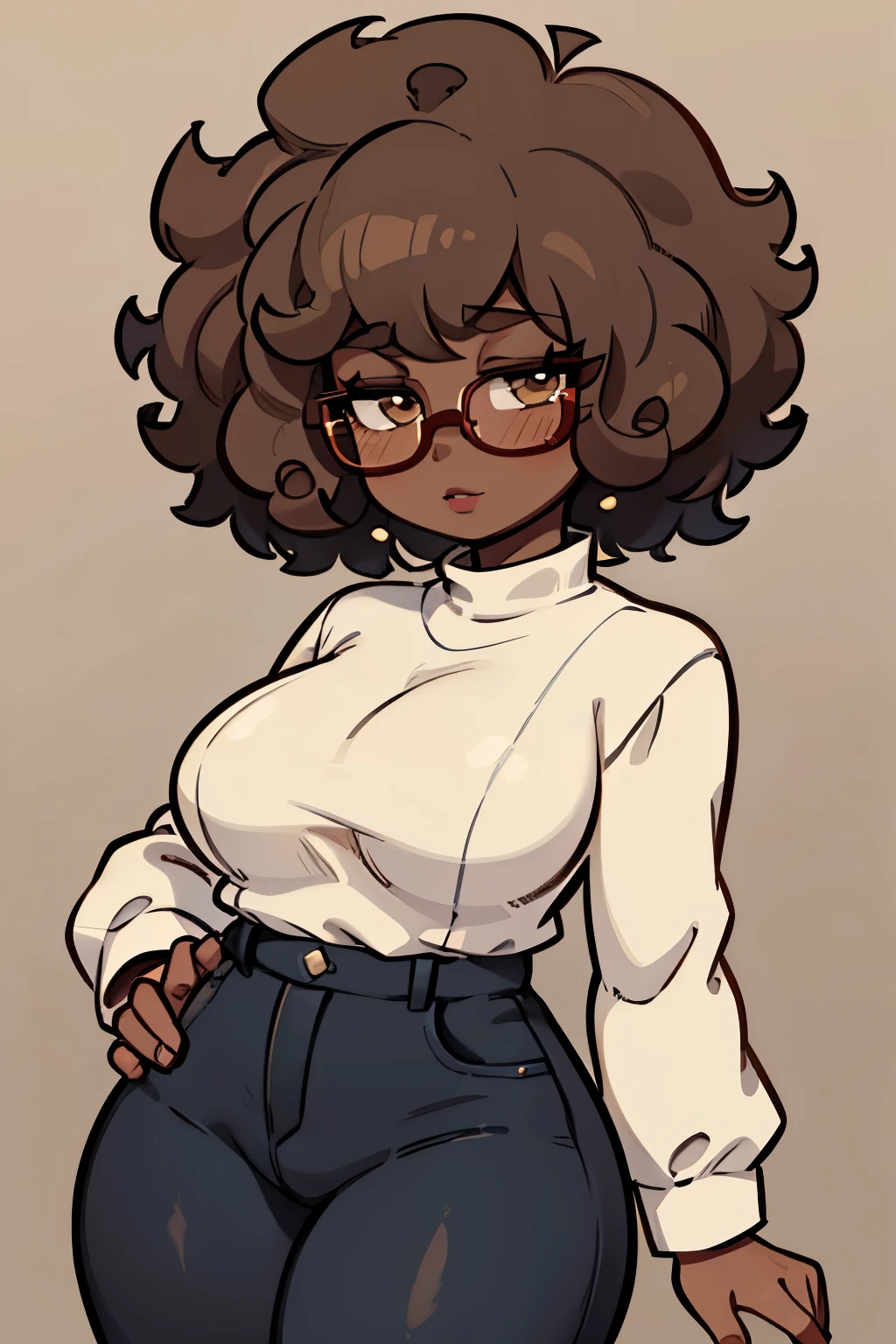 Solo, female, brown skin, curly hair, (((short hair))), Black afro, curly afro, lipstick, eyeliner, eyelashes, thick eyelashes, dark skin glasses, mature female, chubby face, brown eyes