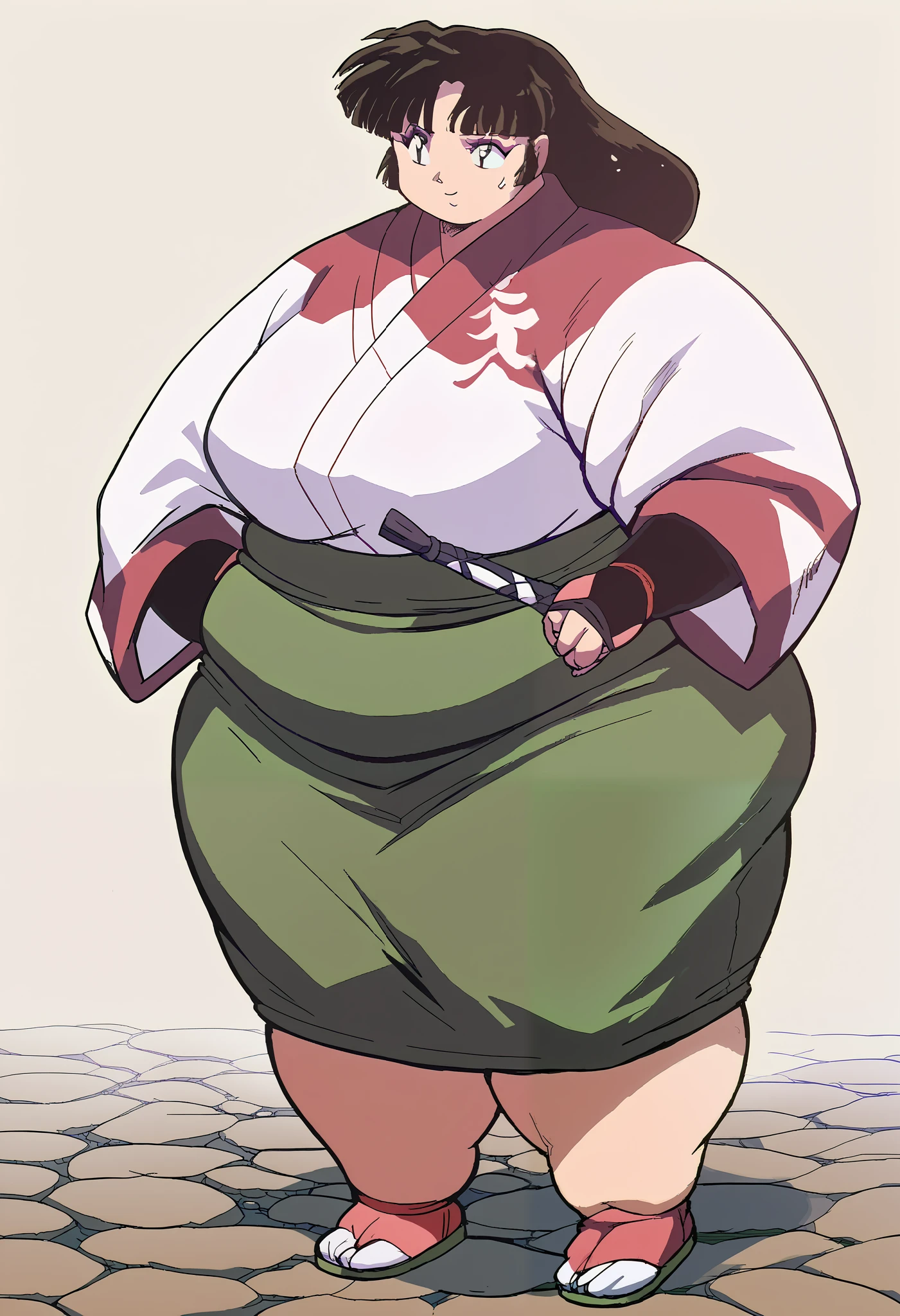 score_9, score_8_up, score_7_up, source_anime BREAK 1girl, Sango, smile, sweating, growing fatter, fat, chubby, obese, full body shot, gigantic arms and legs, perfect quality, long sleeves, japanese clothes, wide sleeves, kimono, green skirt, low-tied long hair