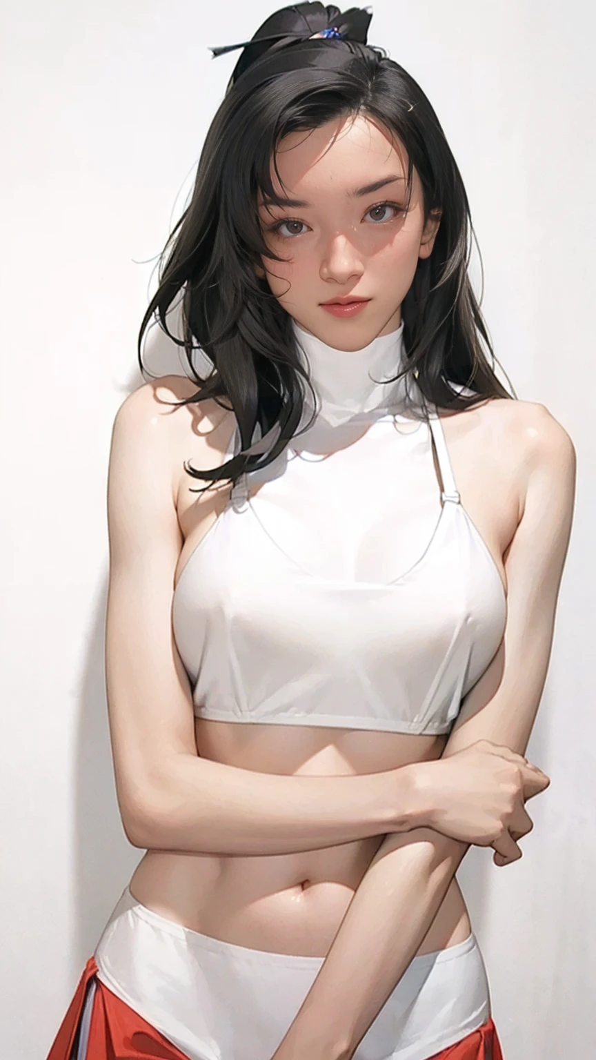 (Hyper-realistic), (illustratio), (A high resolution), (8K), (The is very detailed), (best illustratio), (Beautiful and detailed eye quality), (ultra - detailed), (tmasterpiece), (the wallpaper), (详细的脸), ソロ1女の子, white scrunchie, korean people, heterochromatic eyes, There is a small mole under the eye, Loose white shirt, Yoga pants, , legs long, Firm abs, Camel toes, dynamicposes