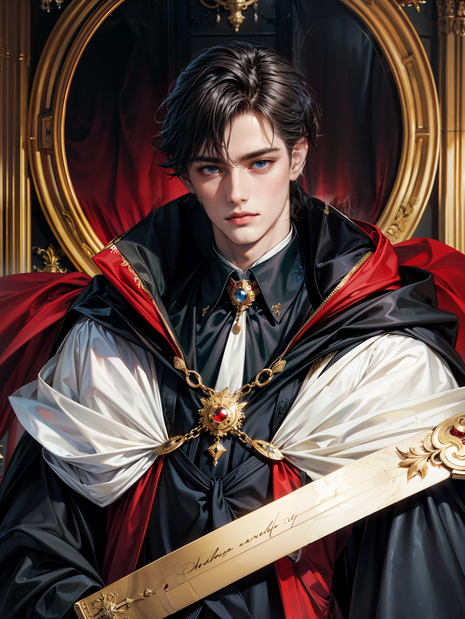 Masterpiece, 最 high resolution, high resolution, 1. boys, Alone, , upper body, The viewers , Disheveled dark hair , Adorable big blue eyes, white, Noble, Noble, sexy and voluminous 、 very tall big
Very voluminous with stand-up collar, big, very big, very big, length, length red and black cape with a high stand-up collar, black cloak made with enough fabric to reach the floor 、 tuxedo、 It's cute beautiful, It's cute , It's cute , kind、Thin cheeks 、Beautiful man with big eyes