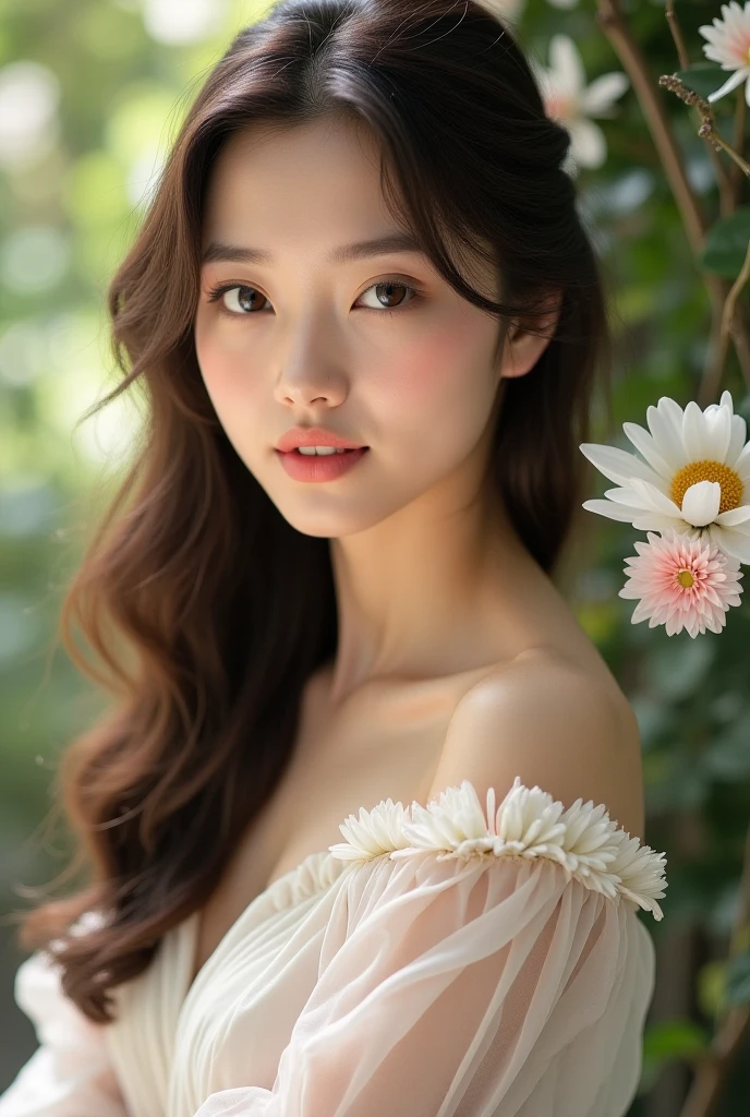 (real, High resolution:1.3), One girl with a perfect body,16 years old, Very beautiful face and eyes,Long Hair, White dress:1.2,The background is covered with white flowers