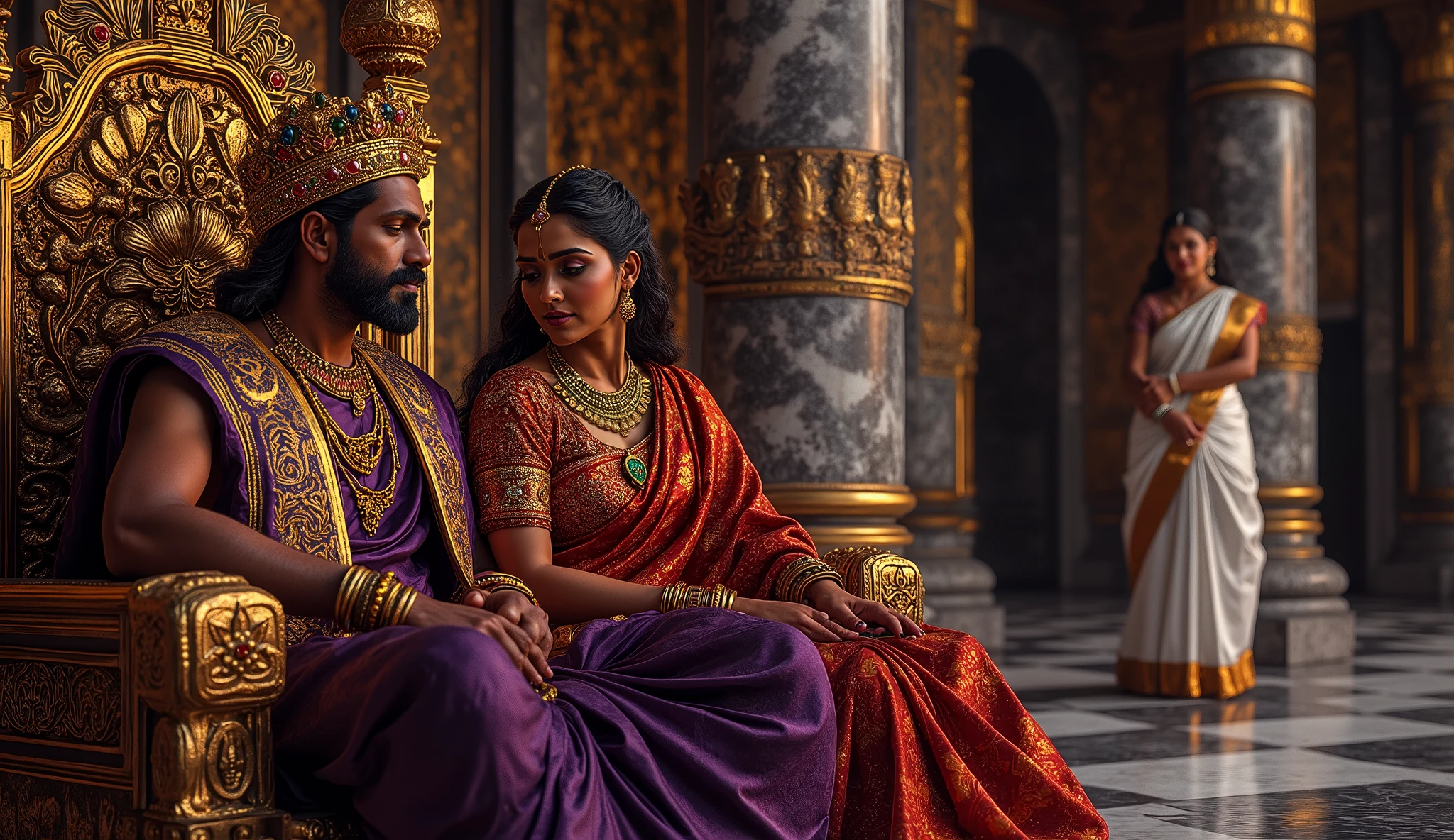 **Image Prompt:**  
"King Uttanapada, a majestic Indian ruler with a dignified presence, is seated on a grand golden throne adorned with intricate carvings of lotuses and peacocks, encrusted with precious gemstones. His royal attire consists of a rich purple silk dhoti with gold embroidery, a matching embroidered shawl draped elegantly over his shoulder, and a golden crown embedded with rubies and emeralds. His face, with a well-groomed beard and expressive eyes, shows affection as he gazes fondly at Queen Suruchi seated gracefully beside him. 

Queen Suruchi, wearing a rich crimson silk saree with heavy golden embroidery, sits confidently close to the king. Her expression is proud yet charming, with her large kohl-lined eyes and perfectly arched eyebrows reflecting satisfaction. She is adorned with elaborate gold jewelry, including a grand necklace, multiple bangles, and a gem-studded crown, further emphasizing her favored status. 

In the background, Queen Suniti stands slightly apart, near a marble pillar, her face reflecting quiet sorrow and emotional pain. She is dressed in a simple white silk saree with a thin gold border and minimal jewelry, with her hands gently folded and her gaze lowered, emphasizing her neglected status. 

The palace setting is opulent, with towering marble pillars, golden drapes, and a floor of polished marble reflecting the soft glow of brass oil lamps. The atmosphere captures the emotional divide, highlighting the king’s favoritism towards Suruchi while Suniti remains in the shadows, emphasizing the emotional tension within the royal household."
