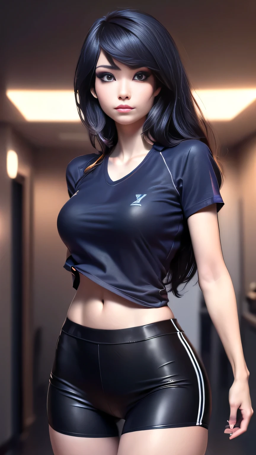masterpiece, best quality, extremely detailed, hyperrealistic:1.1, photorealistic, a beautiful 20s russian model, ultra detailed face:1.1, forehead, black hair, purple crop top, collared jacket, black t-shirt, sunglasses on head:1.1, server room, in the midnight:1.1, half smile, fashion model posing