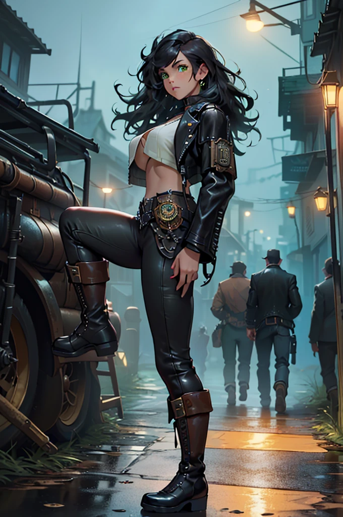 ((deep in the night, Need, 8K, tmasterpiece:1.3)),(realisticlying:1.4),RAW photogr,figure portrait,Very wide lens,closeup cleavage,(True skin texture:1.3),(filmgrain:1.3) Focalors:1.2, perfect figure beautiful woman:1.4, ((Long dark black bright hair, green eyes, huge tit:1.2 )), ((White crop top:1.4)(short black leather jacket) , cropped shoulders,black steampunk trausers, standing on your feet:1.2), ((steampunk city night scene, )), Highly detailed facial and skin texture, detailed
