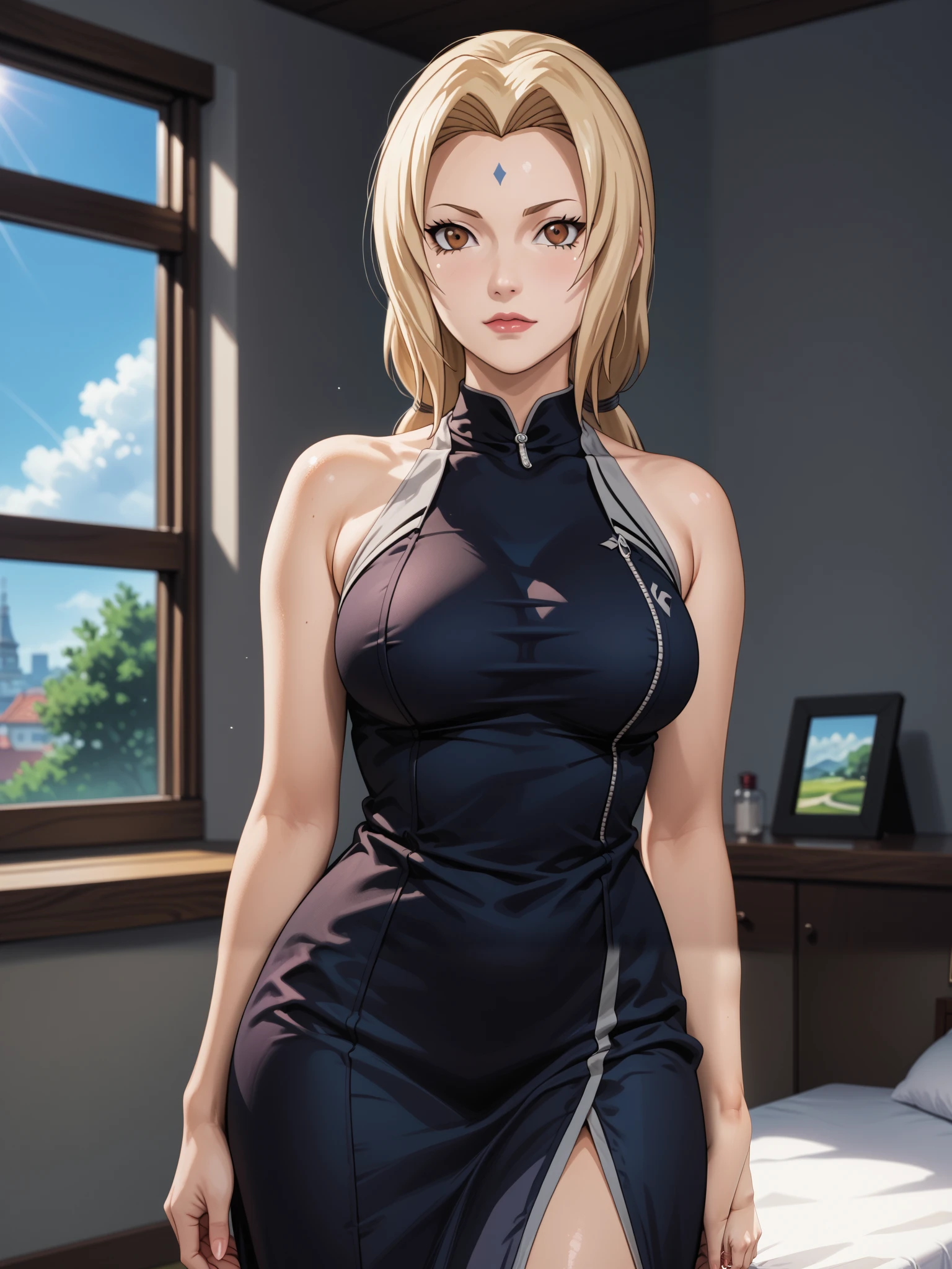 Masterpiece, extremely detailed,4k,solo, 1girl, tsunade, beauty anime face, Brown eyes, full body, stand up,perfect slim body , bright body skin, thin lips,perfect slim body, very large breasts,sexy bodycon dress, Front look, bed room, sunlight on the windows, cowboy shot, bokeh, photograph, little noise, shining, shimering, splendid