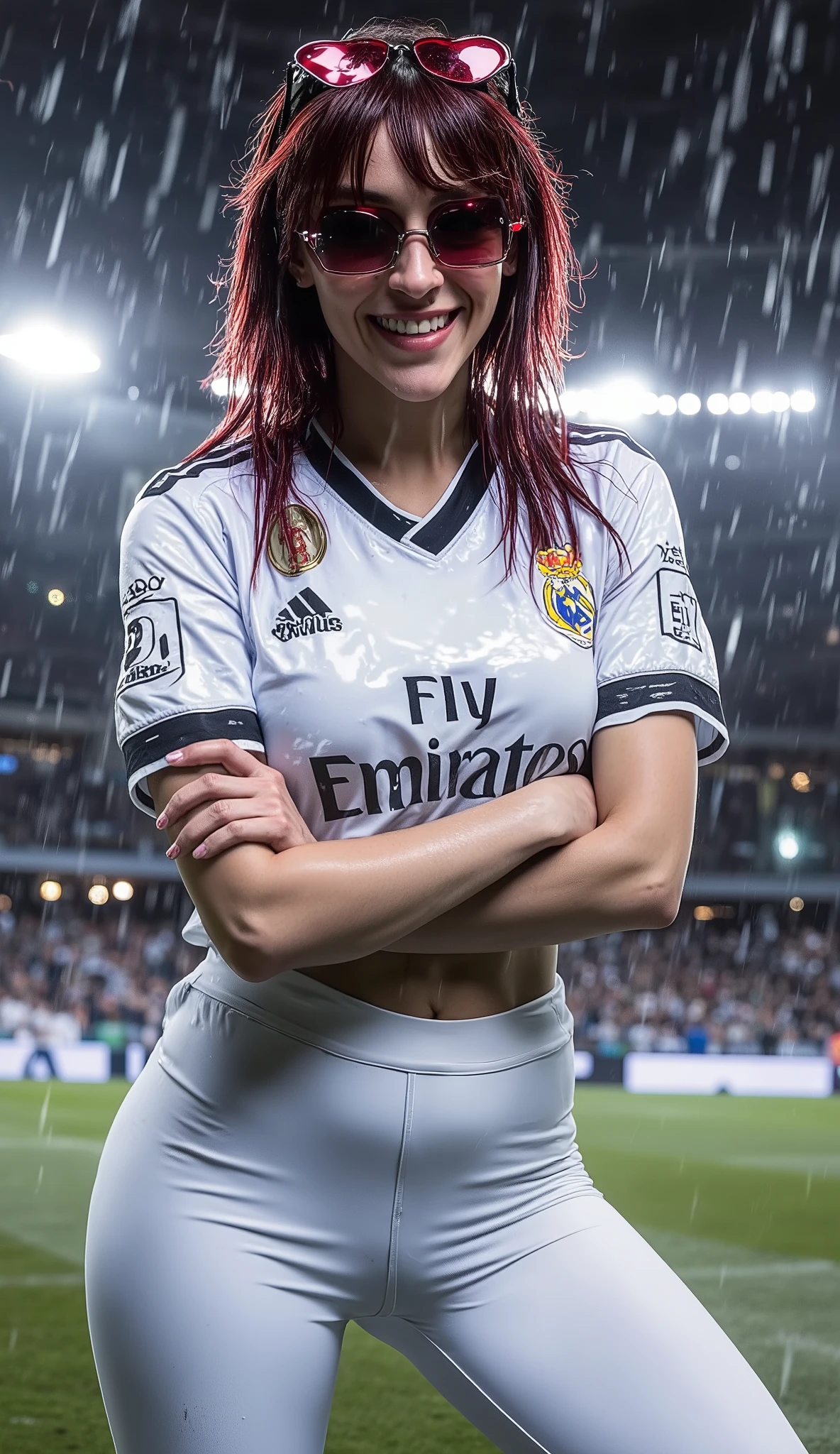 cowboy shot, PAULINA OF THE ROCK BAND THE WARNING, she is wearing the (((2024 official shirt of the european soccer team REAL MADRID, please respect the original design of the shirt))) add a deep v neckline, white fitted leggings, wet skin, wet clothes, set the scenario in the santiago bernabeu stadium in madrid, heavy rain, dynamic model pose, she is doing a photoshoot in the middle of the soccer field, hourglass figure, big breasts, happy , smile, crossed arms, nipples hard, add her a red hearts frame sunglasses