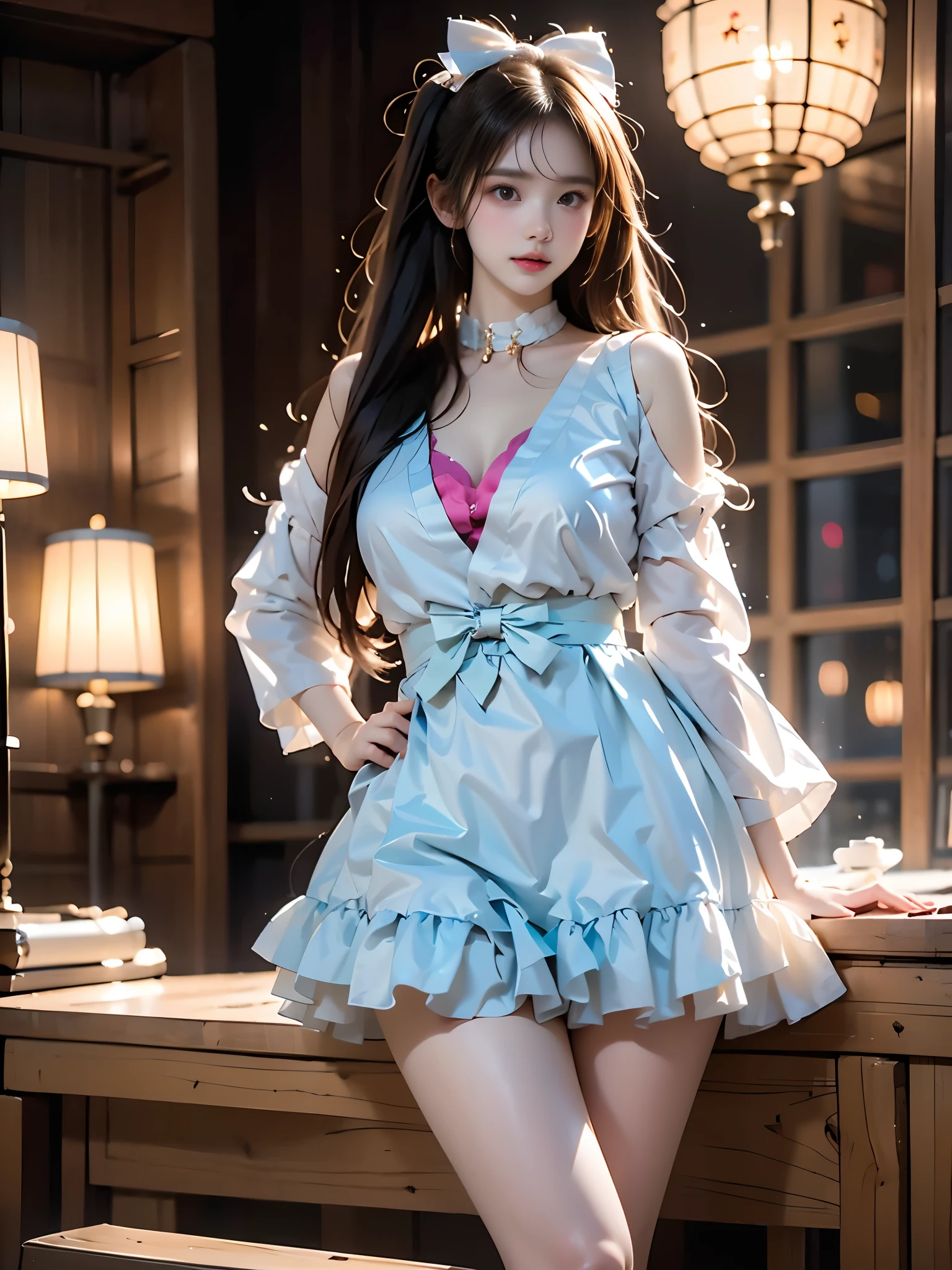 tmasterpiece，Best quality at best，offcial art，非常详细的 CG 统一 8k 壁纸，1 rapariga，超高分辨率，（真实感：1.4），Golden hour lighting，Tulle skirt，（The upper part of the body），（Kpop idol），（aegyo sal：1 ), (Short platinum hair:0.8), ((puffy eye)), looking at viewert, facing the front there, ssmile, big laughter, mediuml breasts, Shirtlift,mitts，short detailed hair，（Blue dog ears），