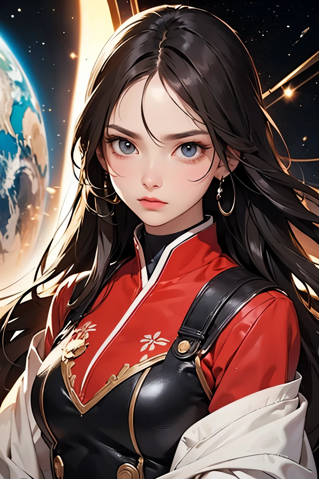 Highest resolution, semi-realistic, realistic detail, woman, petite, black hair, double braided hairstyle, bangs, green eyes, red glasses, wearing formal dress, uniform, outer gown white, red underskirt, dark expression, warship, aircraft carrier, futuristic, science fiction, warplane, space, war