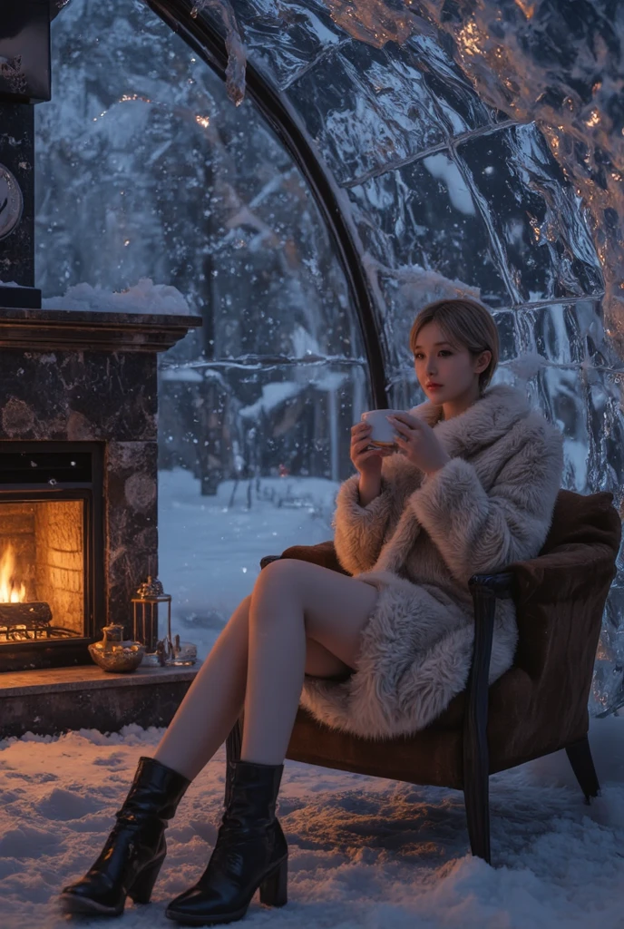  Huge Transparent Ice Dome made of ice cubes ,  Ice Dome Interior , next to a fireplace， Short-haired beauty wearing a faux fur coat is warming up with a cup of coffee. BREAK Night View . external,  snowflakes falling.  fantasy worldview .  Beautiful and Fantastic Depiction . , Professional perfect composition ,  Extremely Delicate Depictions ,  Extremely Clear Images ,  artistic photography ,  ultra-realistic,   super detailed , Absolute determination,  masterpiece
